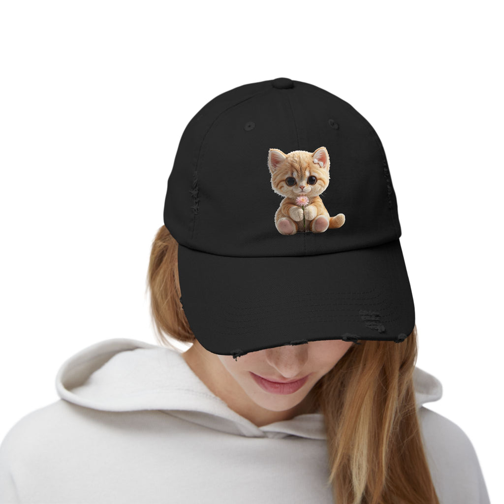 Cute Cap | Distressed Baseball Hat with kitty cat