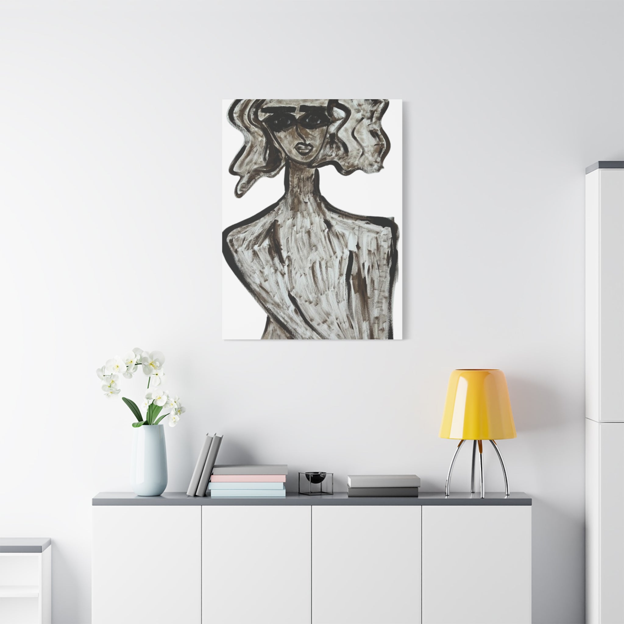 Portrait stylisé de femme sur toile, art contemporain, art moderne