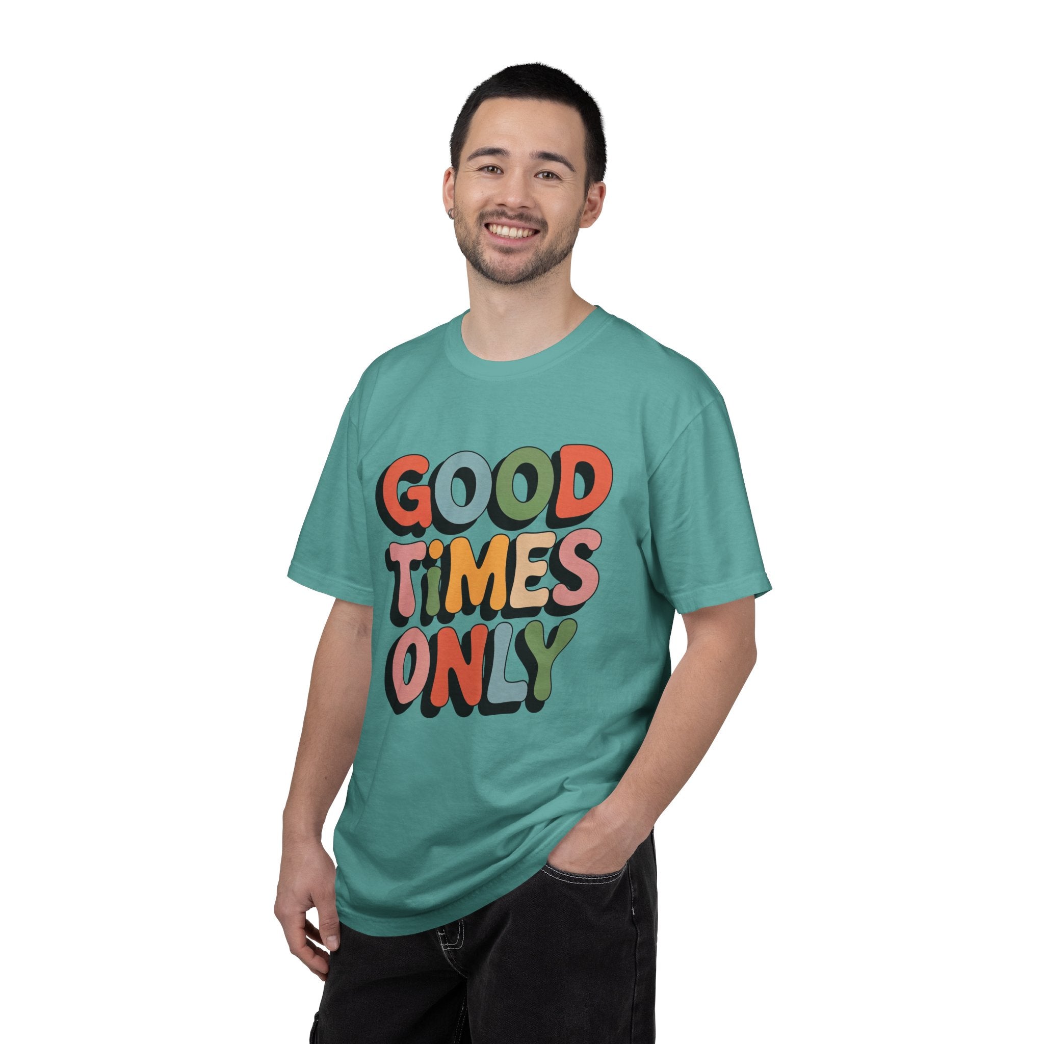 Good Times Only T-Shirt | Retro Bubble Letter Graphic, Colorful Positive Slogan