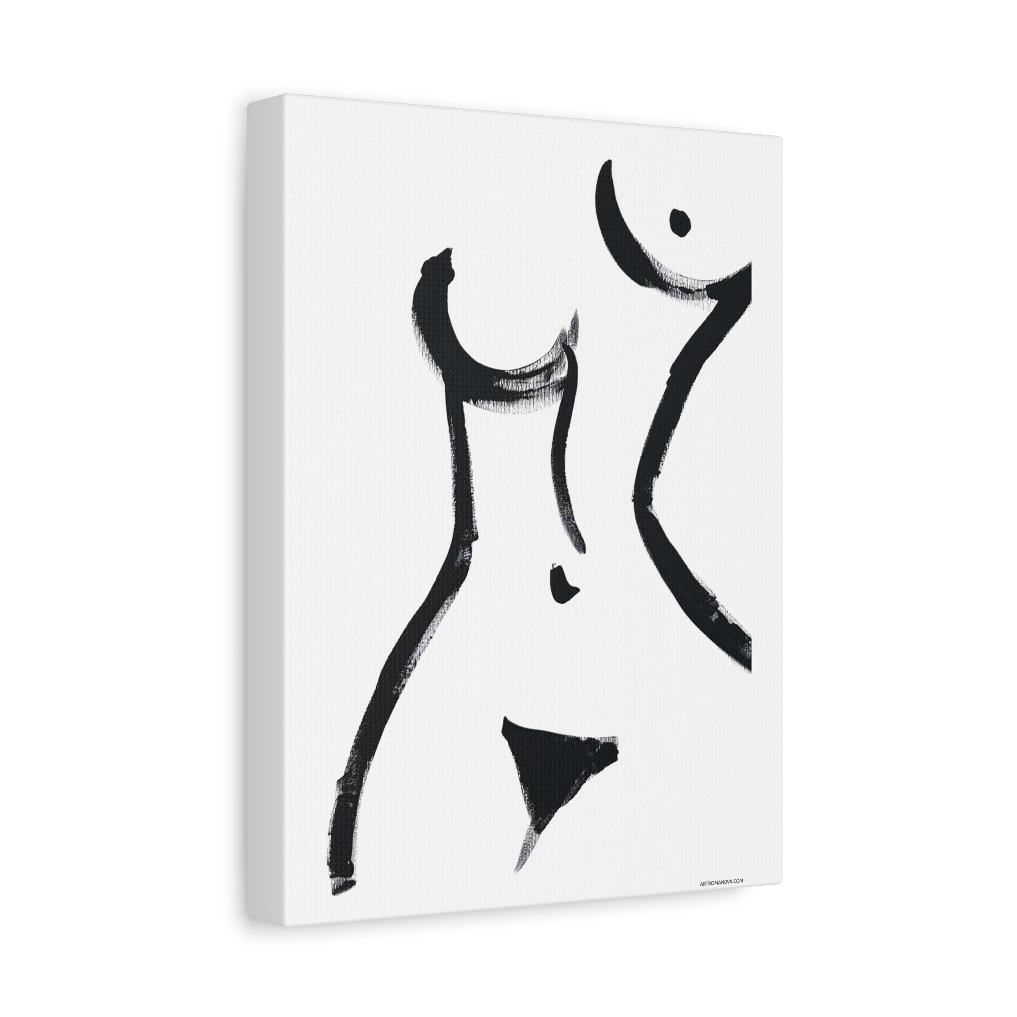 Toile minimaliste à coups de pinceau noirs représentant une figure féminine