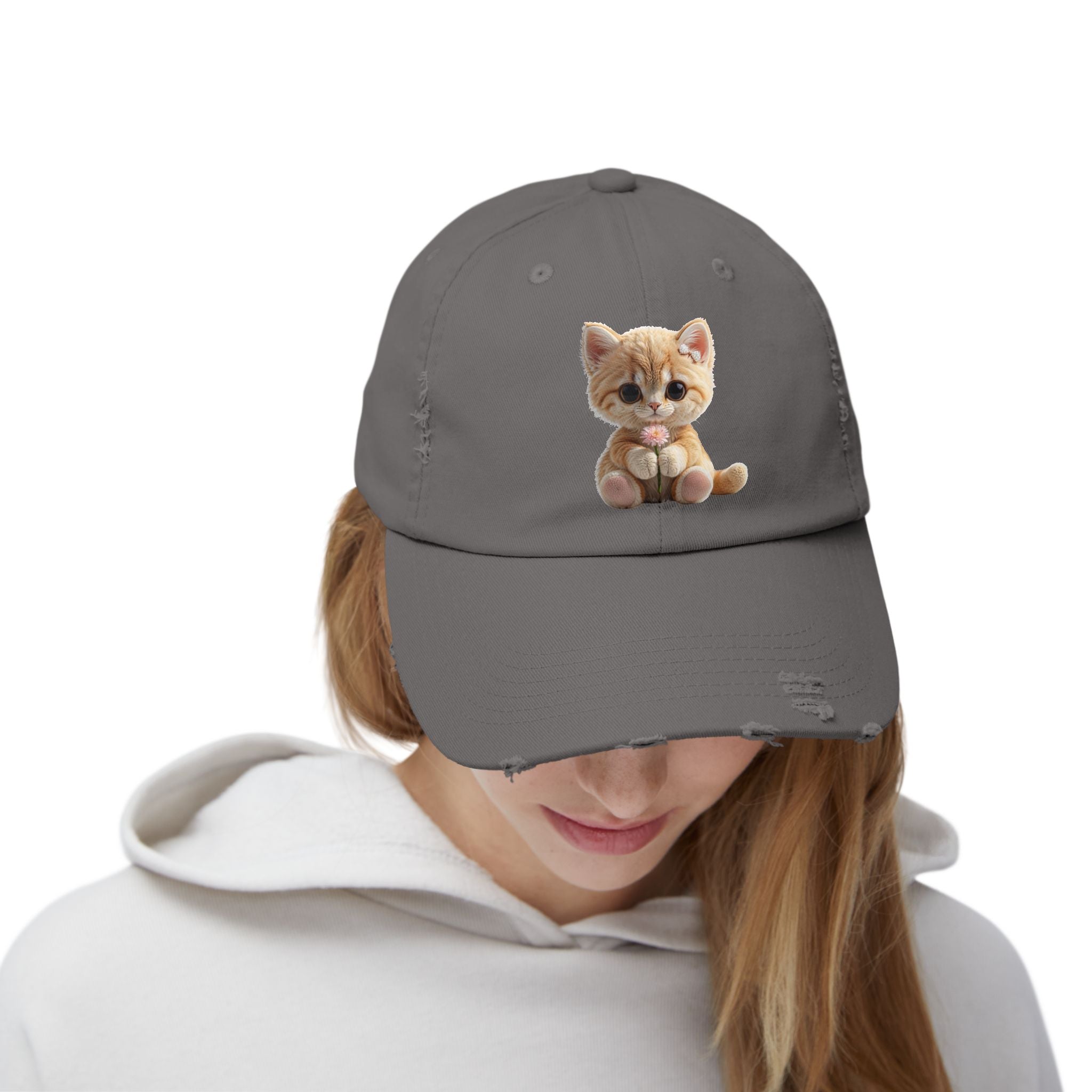 Cute Cap | Distressed Baseball Hat with kitty cat