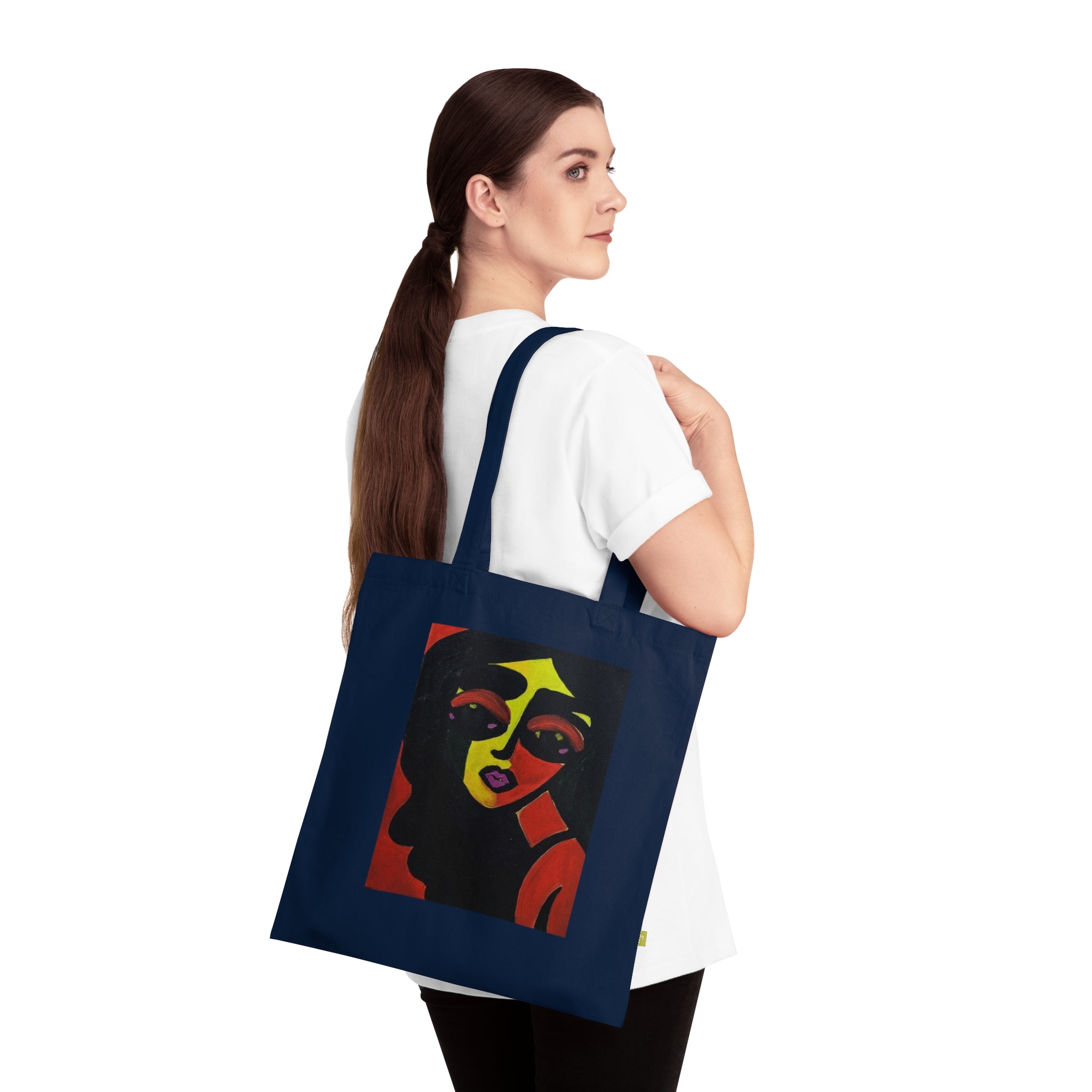 Sac cabas à portrait abstrait | Visage pop art, coton bleu marine, cabas galerie, impression d'art d'étude de figure, sac cabas en coton biologique
