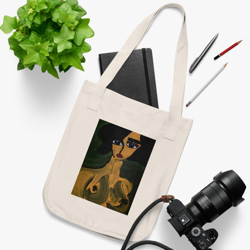Sac fourre-tout à motif portrait abstrait de femme | Art figuratif pictural, fait main, coton écologique