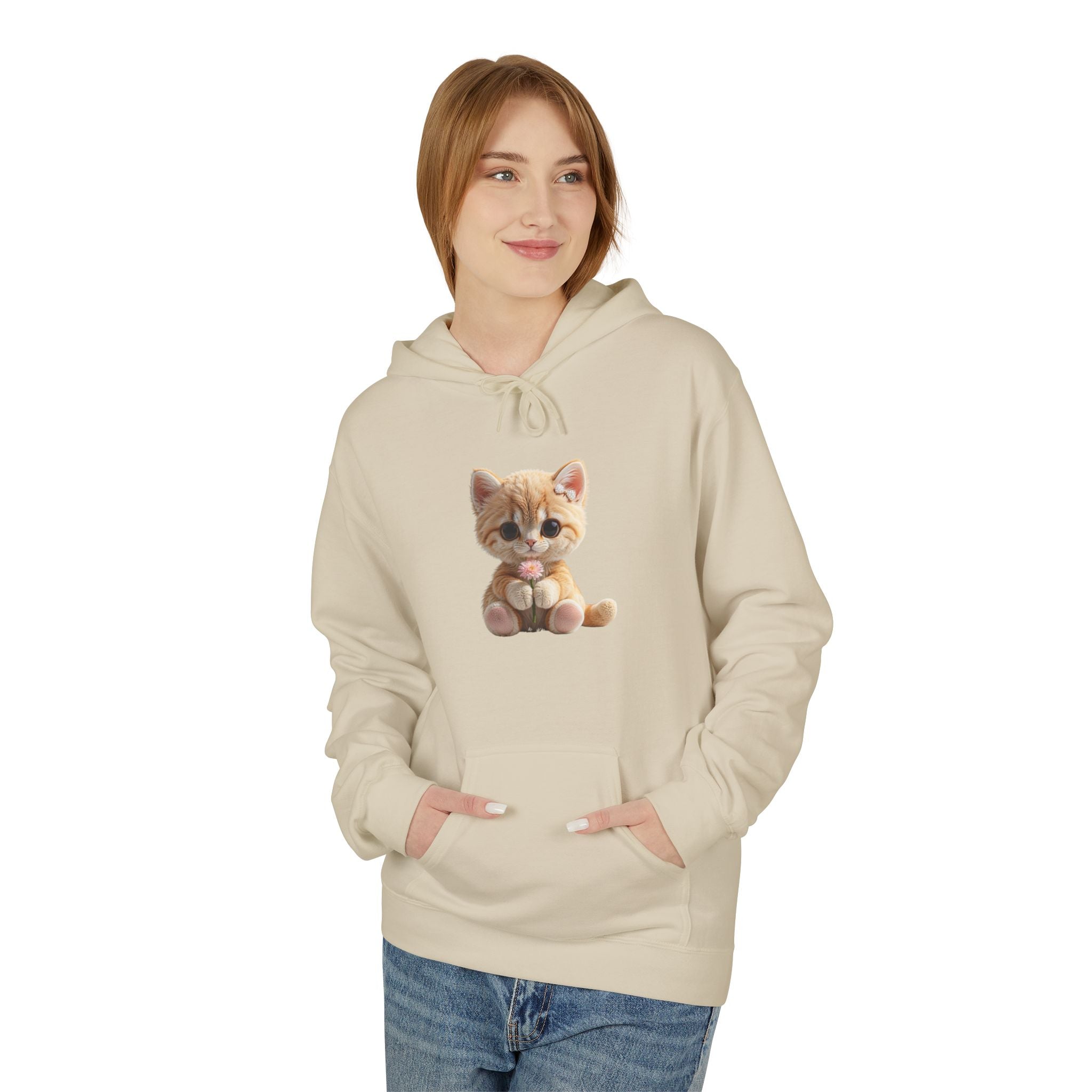 Sweat à capuche chaton assis mignon | Illustration de chat, pull blanc doux