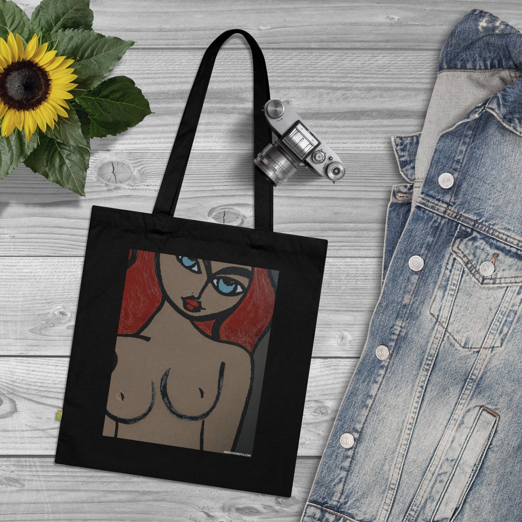 Sac cabas Femme nue | Figure féminine pop art, coton bleu marine, fait main, coton écologique