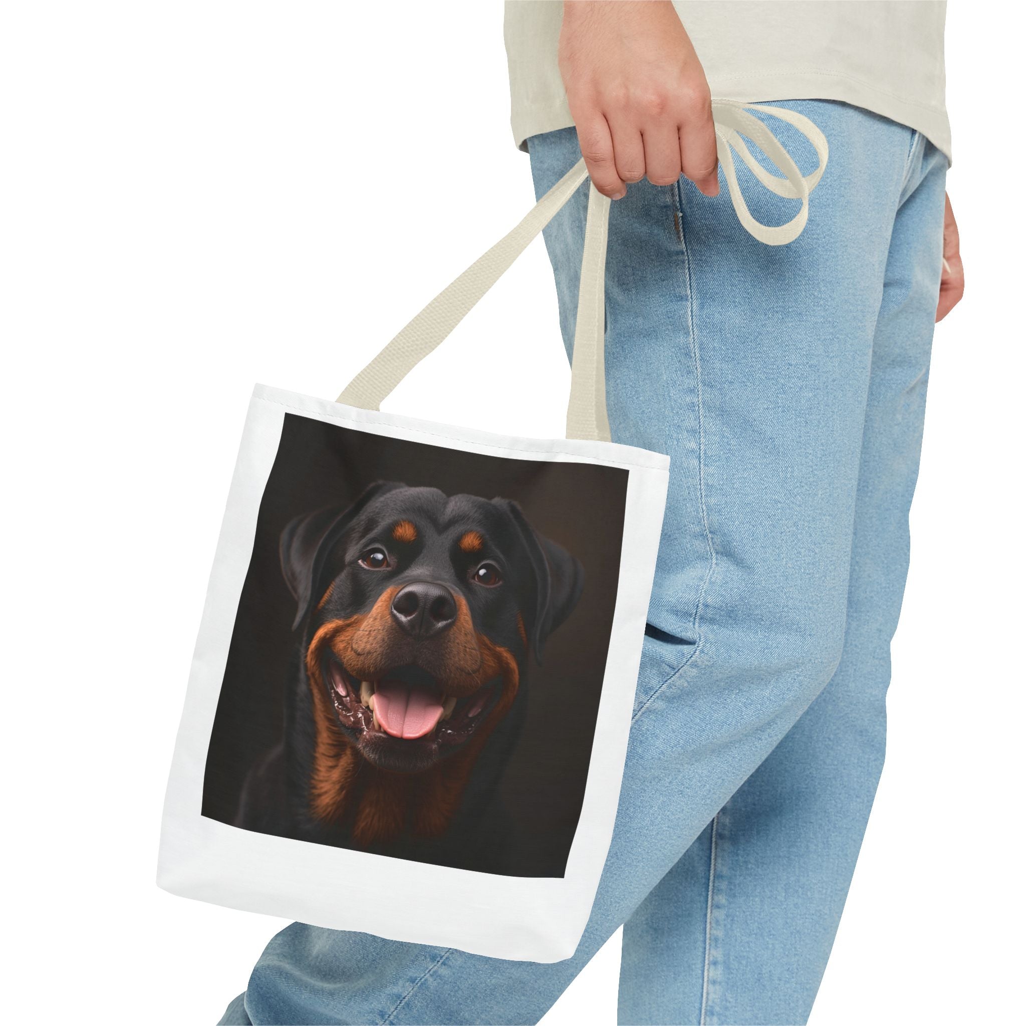 Sac fourre-tout en toile avec portrait de Rottweiler souriant | Sac fourre-tout pour amoureux des chiens
