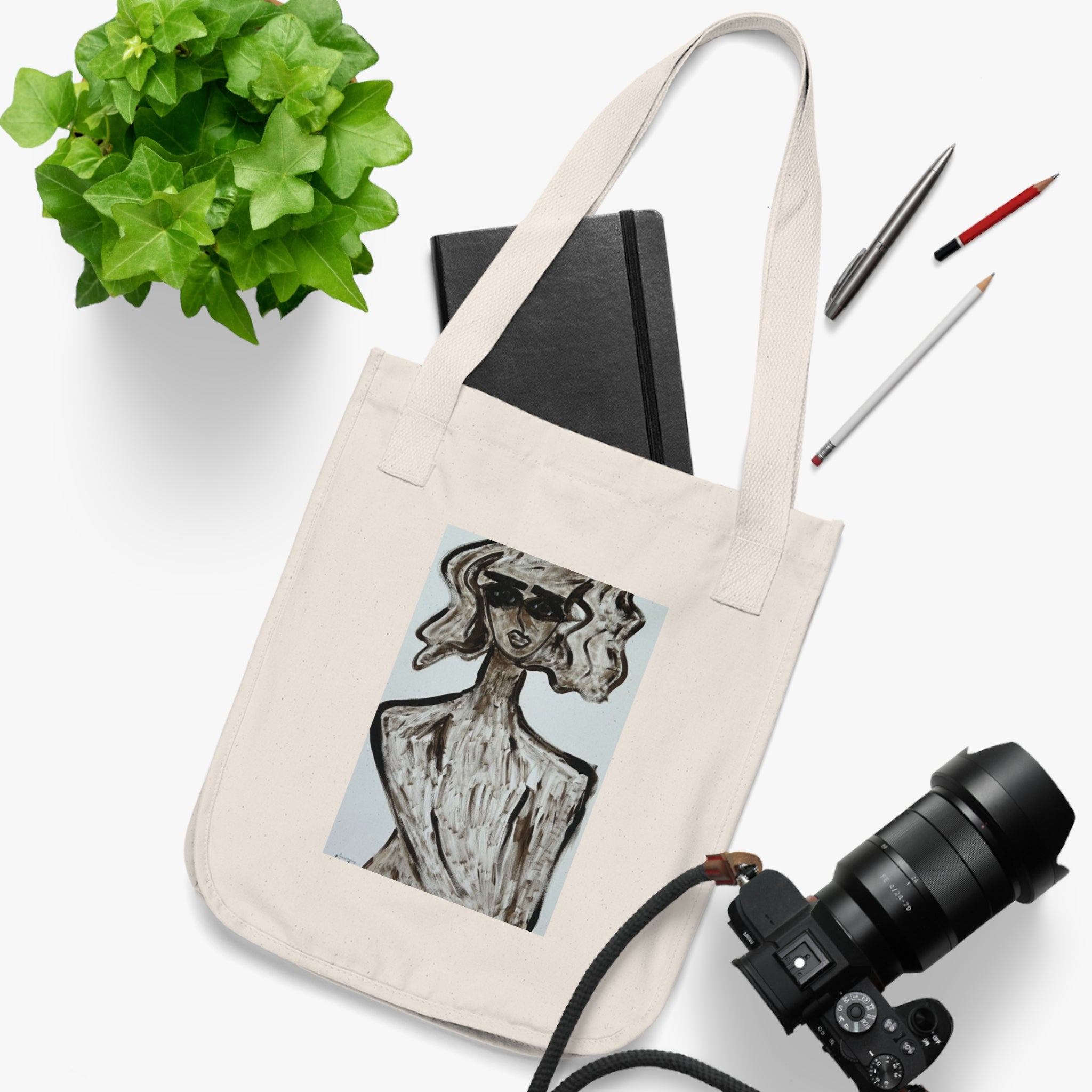 Sac cabas en toile bio | Sac cabas minimaliste avec portrait artistique, en coton écologique, orné d'une peinture abstraite, fait main