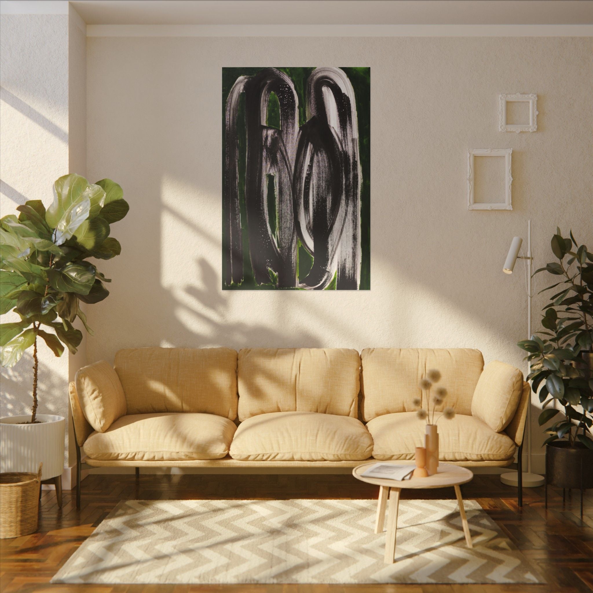 Coups de pinceau noirs abstraits sur toile verte mate