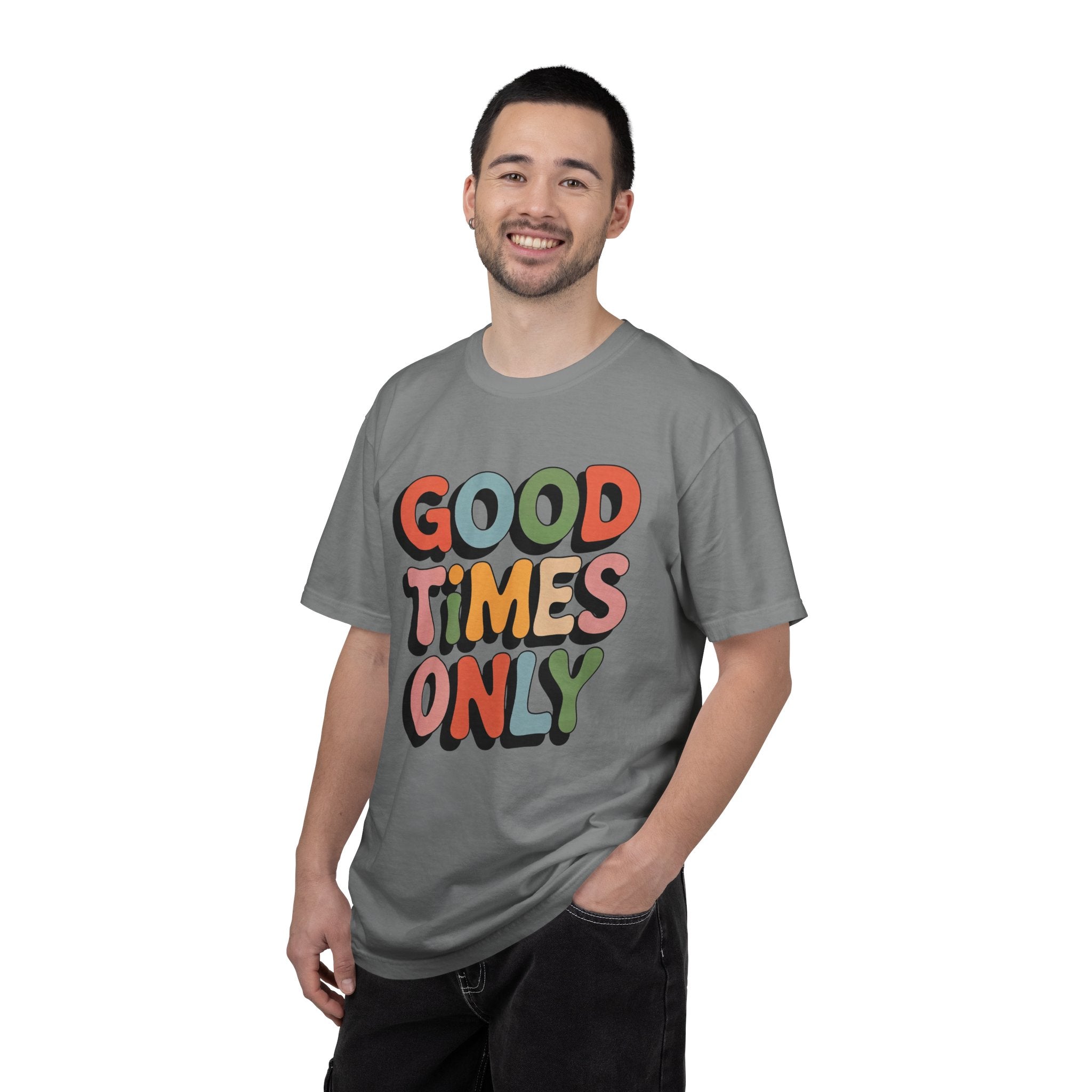 Good Times Only T-Shirt | Retro Bubble Letter Graphic, Colorful Positive Slogan