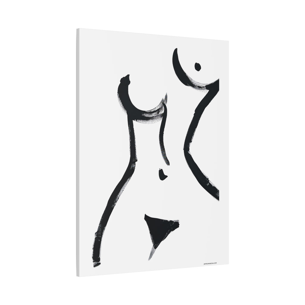 Toile minimaliste à coups de pinceau noirs représentant une figure féminine