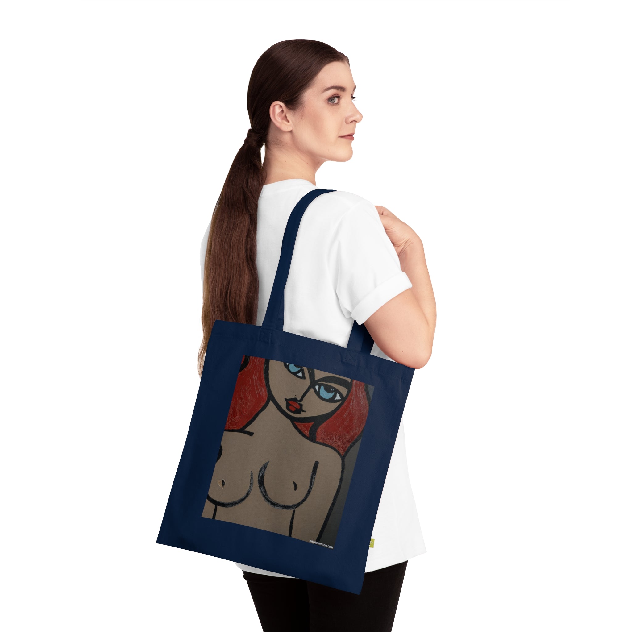 Sac cabas Femme nue | Figure féminine pop art, coton bleu marine, fait main, coton écologique
