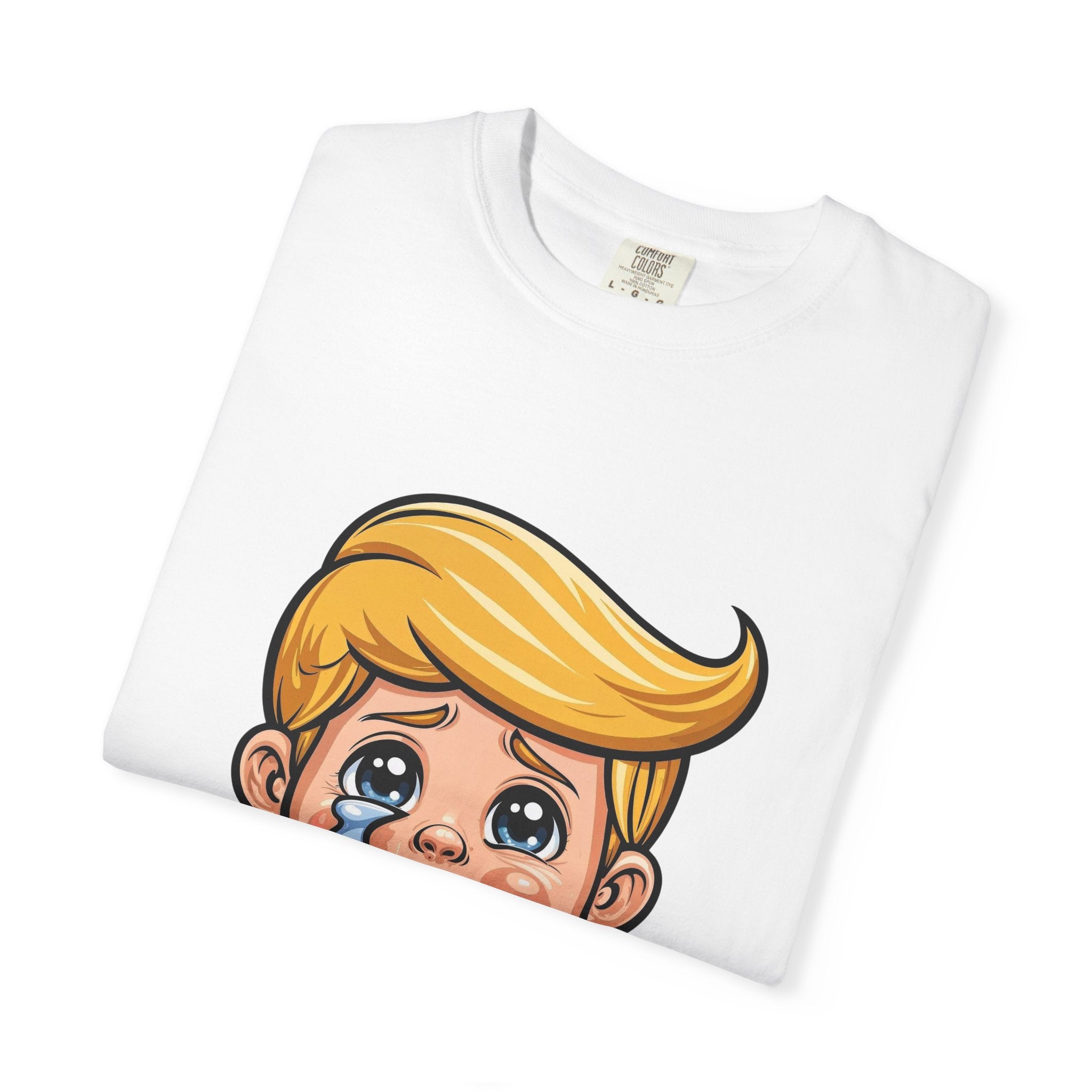 T-shirt Cartoon Leader, art pop politique satirique, imprimé humoristique : un garçon blond qui pleure (dessin animé) | T-shirt mignon avec un visage triste