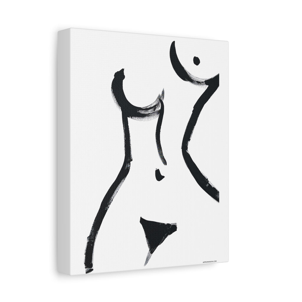 Toile minimaliste à coups de pinceau noirs représentant une figure féminine
