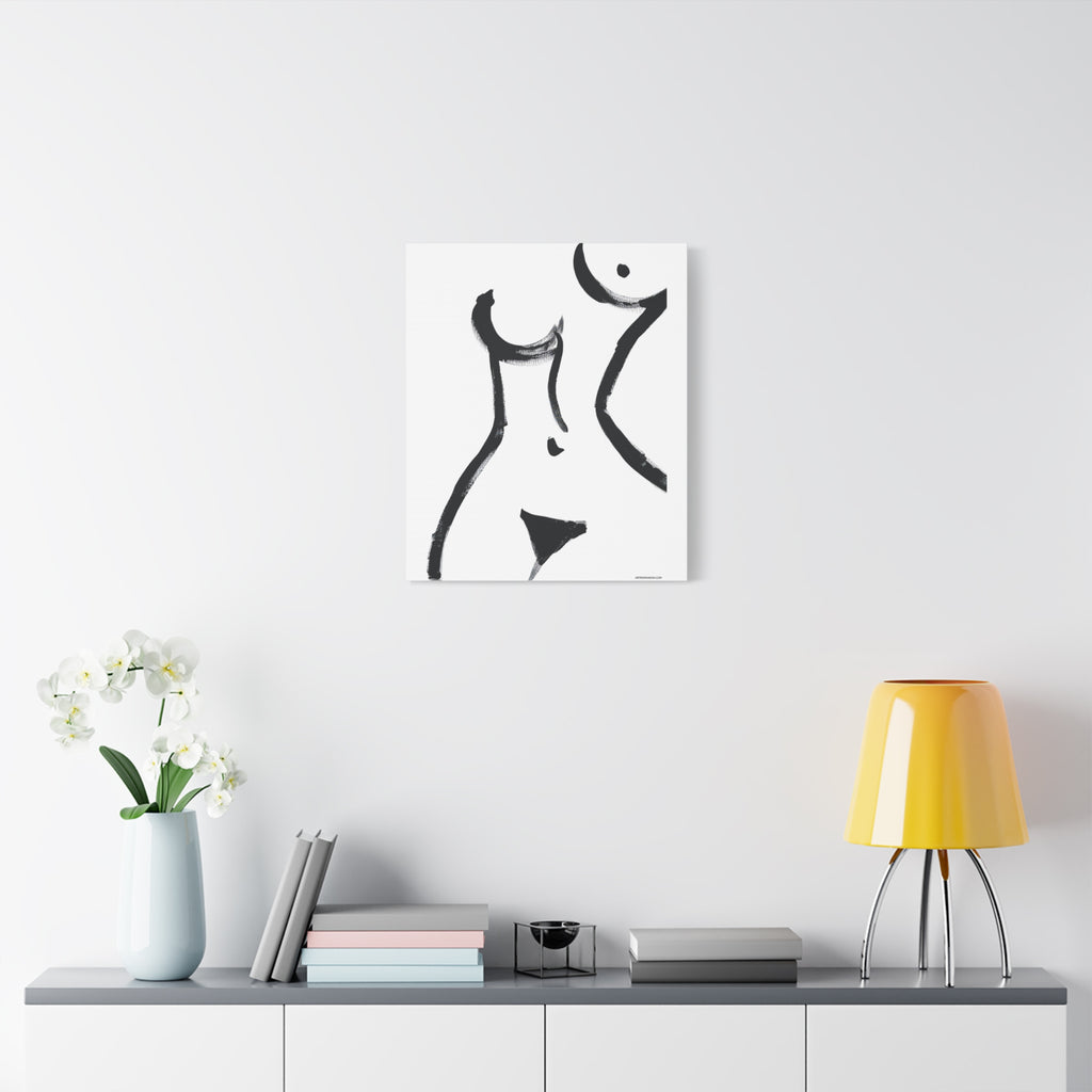 Toile minimaliste à coups de pinceau noirs représentant une figure féminine