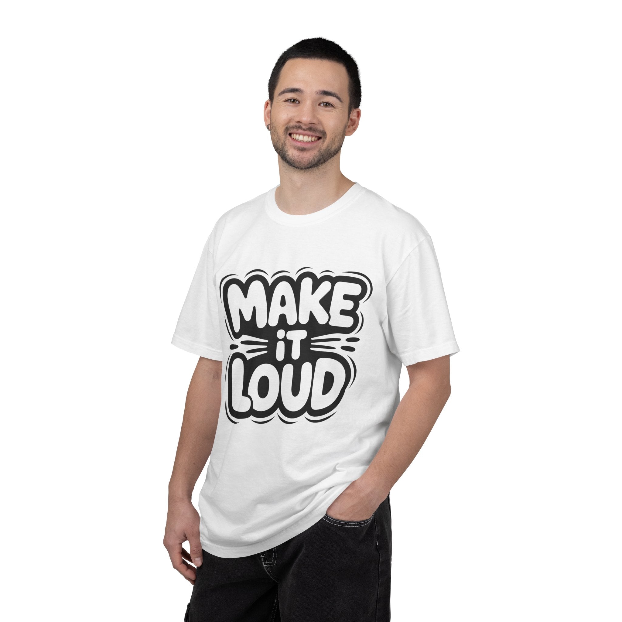 Make It Loud T-shirt | Bold Bubble Letter Graphic, Black White Design