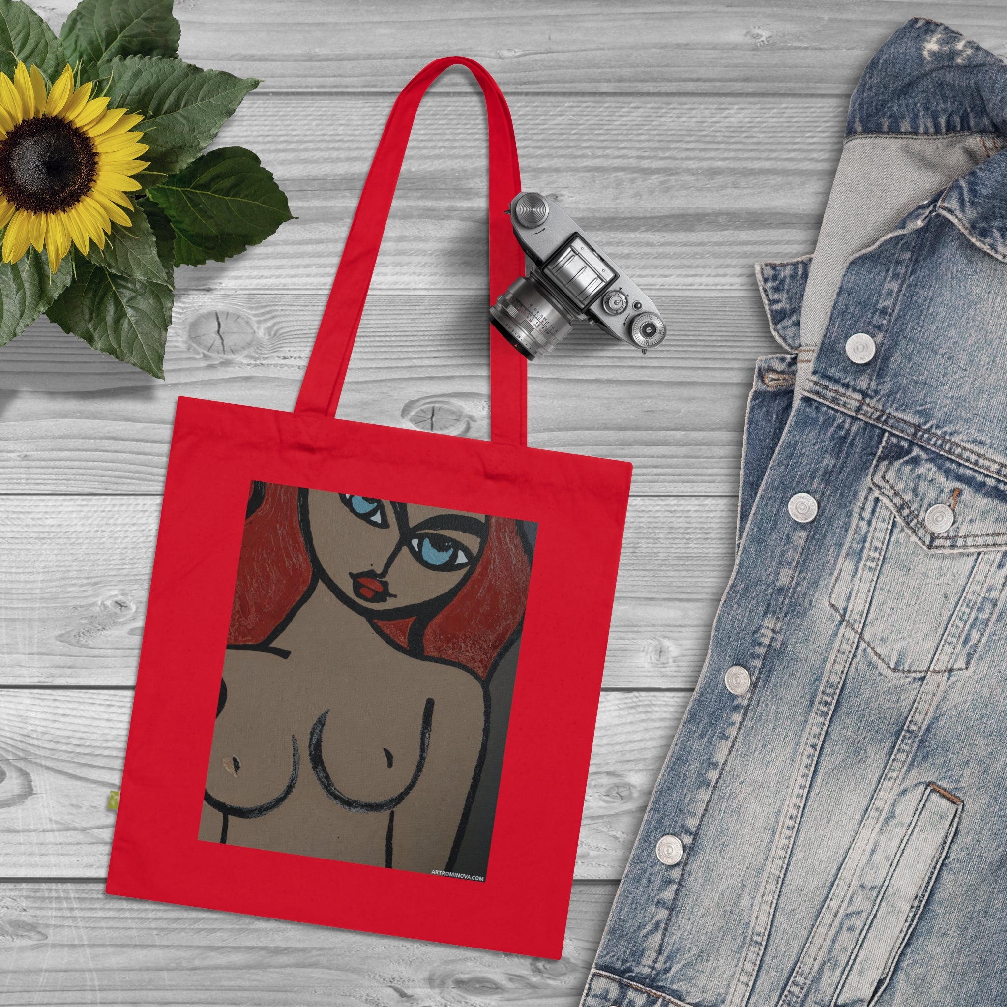 Sac cabas Femme nue | Figure féminine pop art, coton bleu marine, fait main, coton écologique