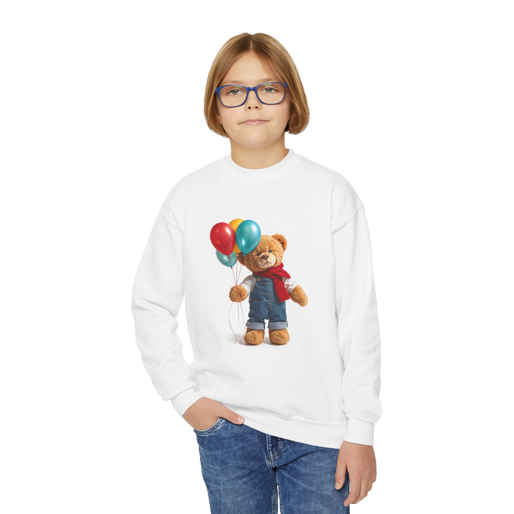 Teddy Bear with Balloons Youth Crewneck Sweatshirt | Kids Teddy Design
