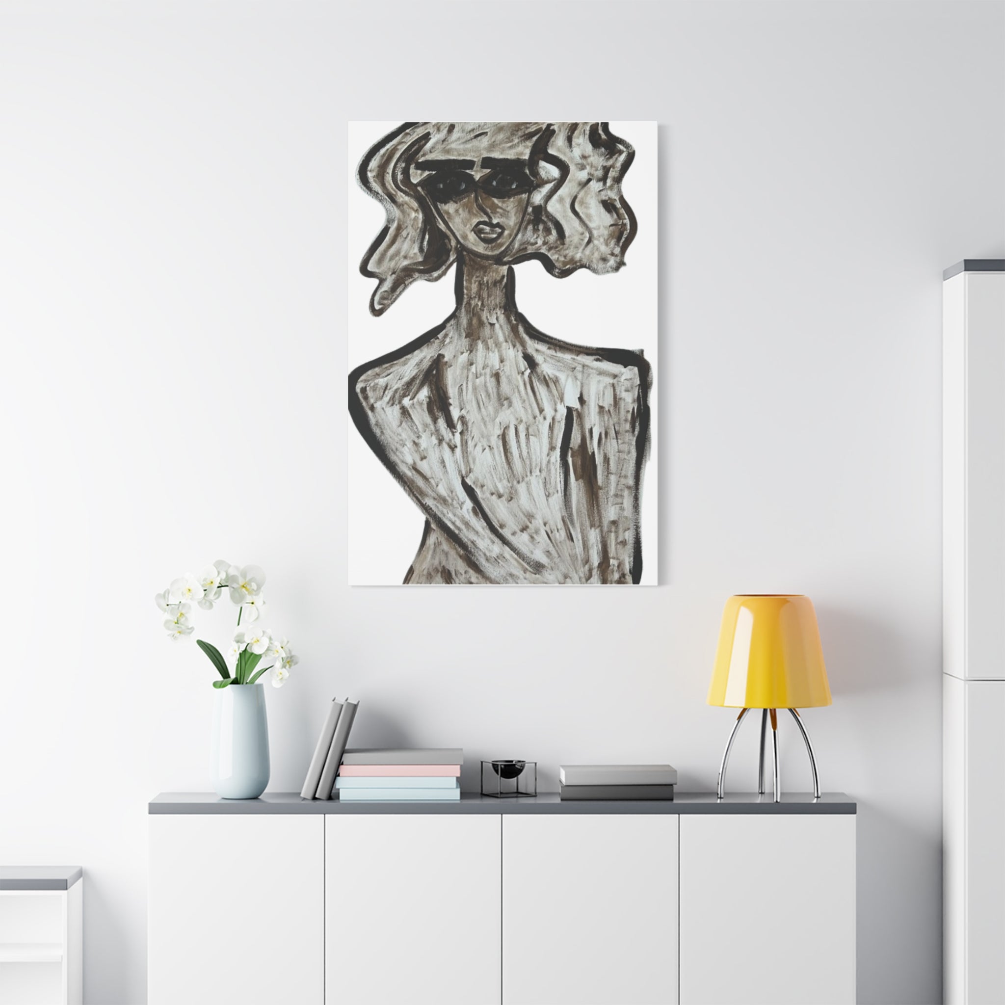 Portrait stylisé de femme sur toile, art contemporain, art moderne