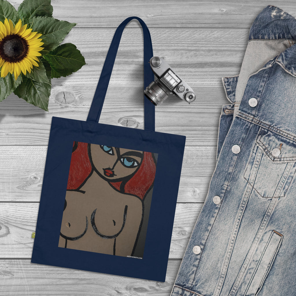Sac cabas Femme nue | Figure féminine pop art, coton bleu marine, fait main, coton écologique