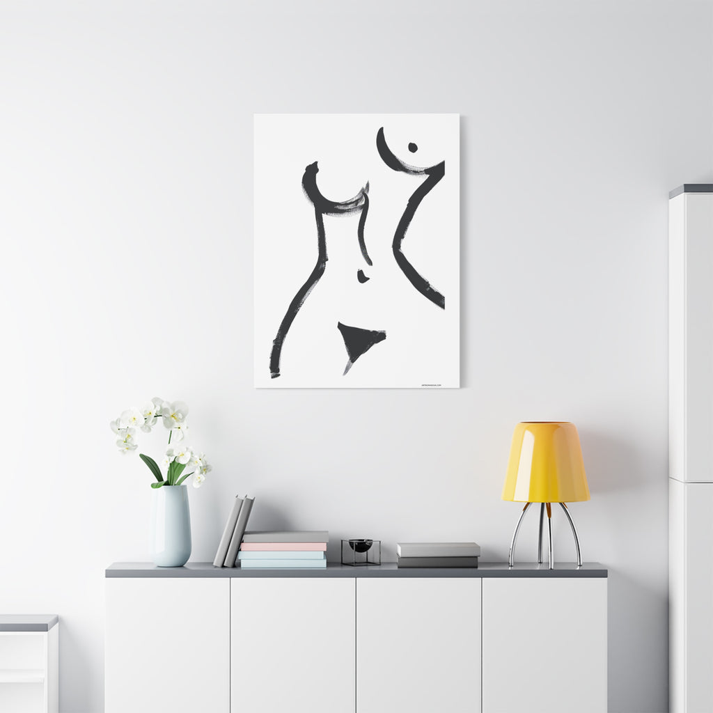 Toile minimaliste à coups de pinceau noirs représentant une figure féminine