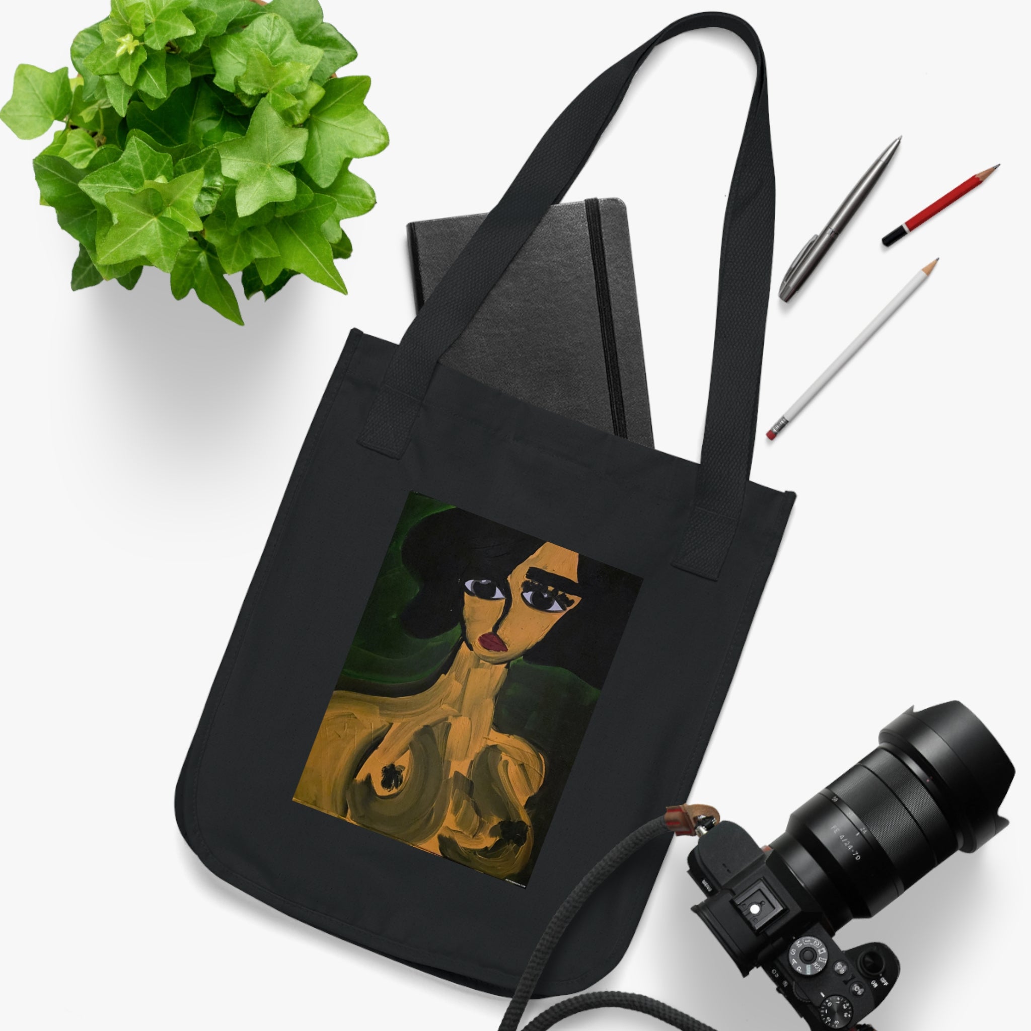 Sac fourre-tout à motif portrait abstrait de femme | Art figuratif pictural, fait main, coton écologique