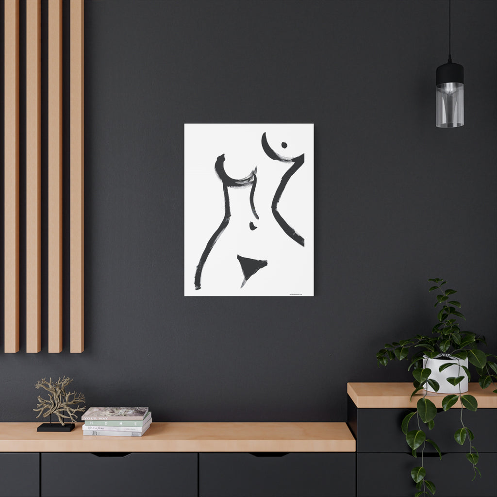 Toile minimaliste à coups de pinceau noirs représentant une figure féminine