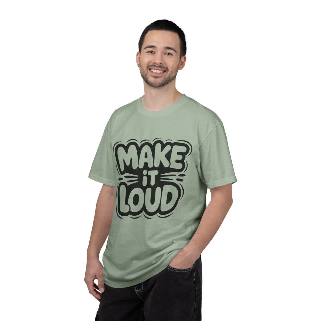 Make It Loud T-shirt | Bold Bubble Letter Graphic, Black White Design