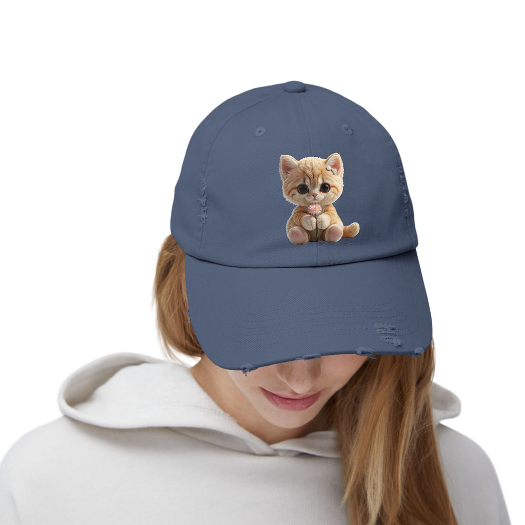 Cute Cap | Distressed Baseball Hat with kitty cat