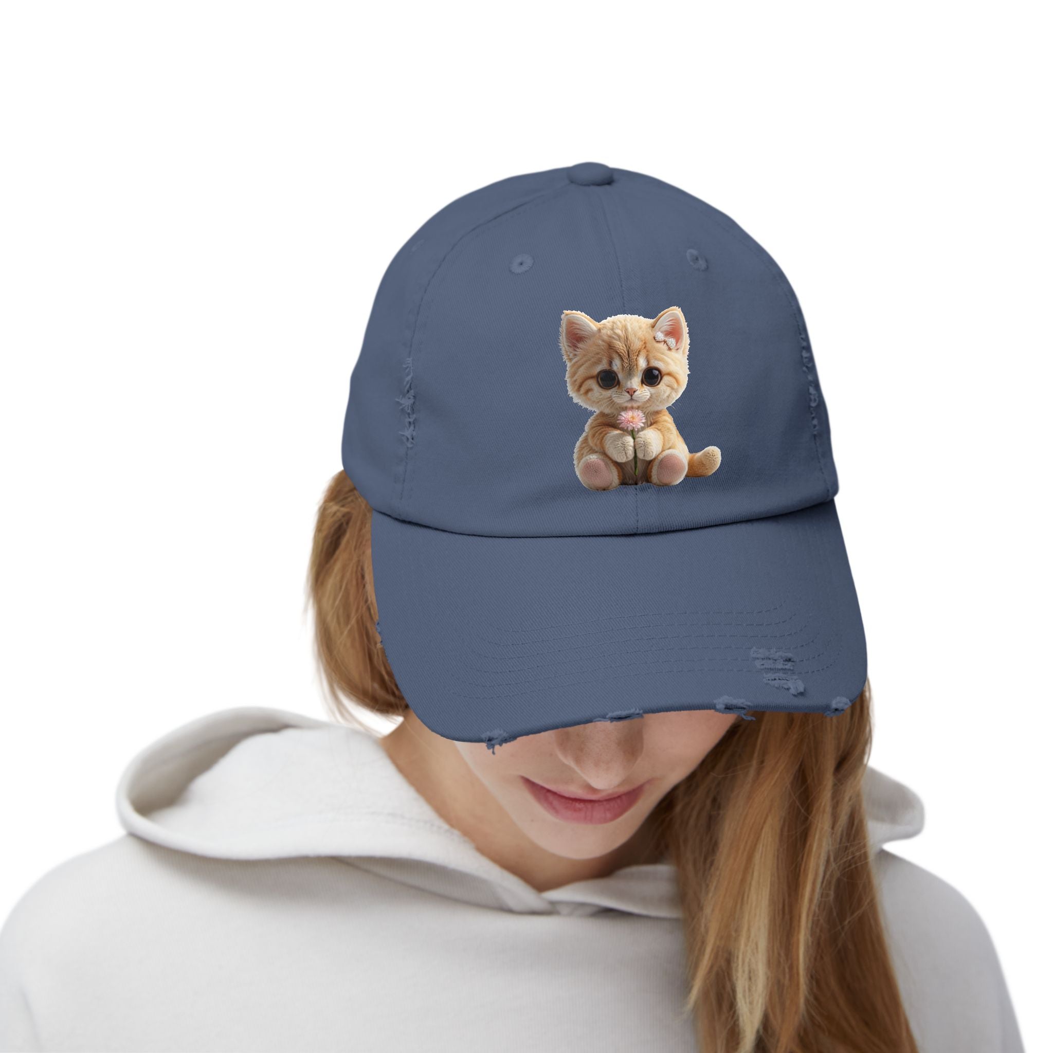 Cute Cap | Distressed Baseball Hat with kitty cat