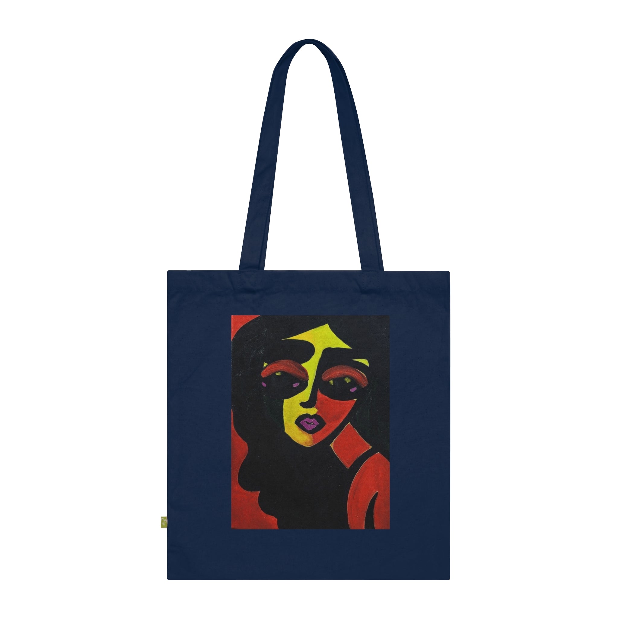 Sac cabas à portrait abstrait | Visage pop art, coton bleu marine, cabas galerie, impression d'art d'étude de figure, sac cabas en coton biologique