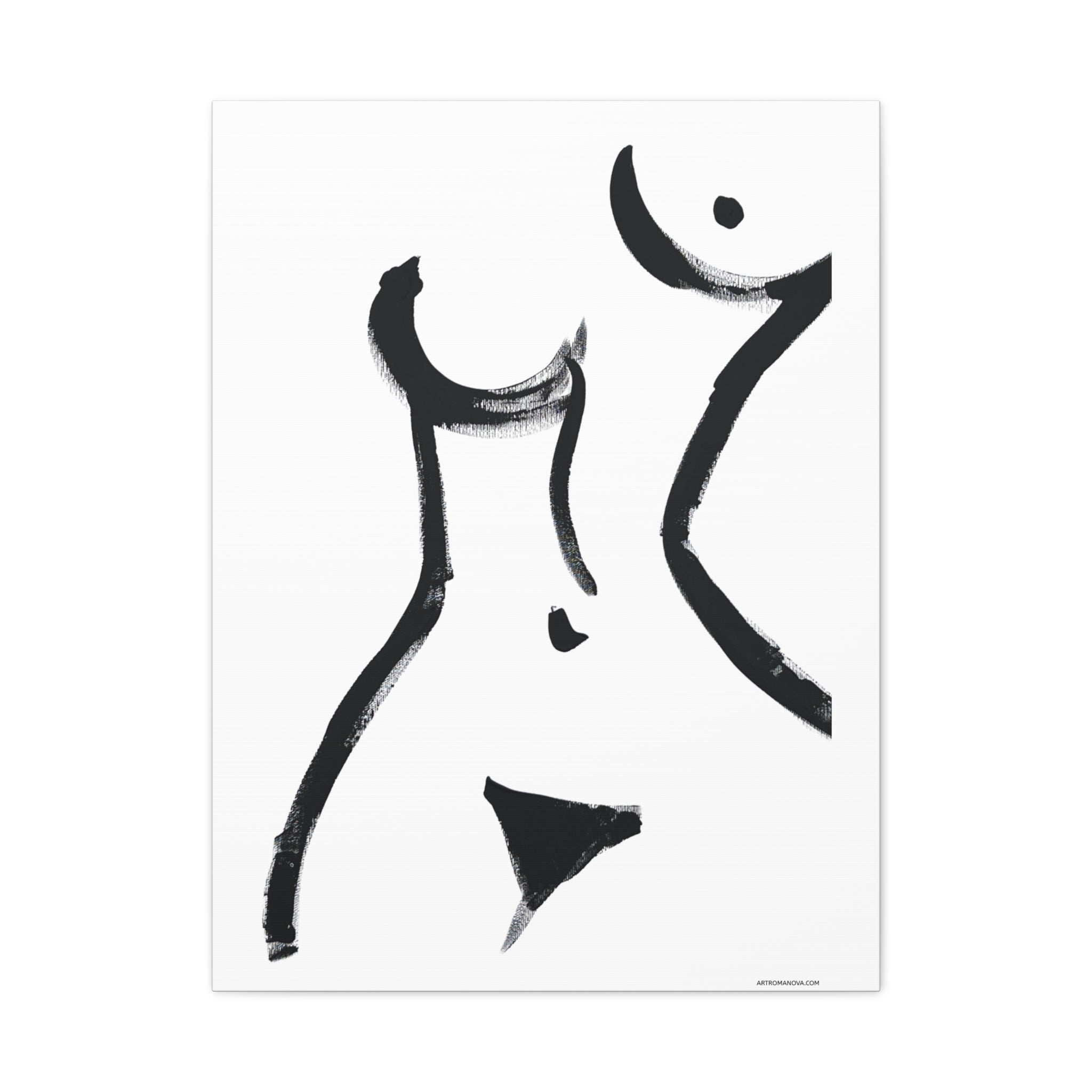 Toile minimaliste à coups de pinceau noirs représentant une figure féminine