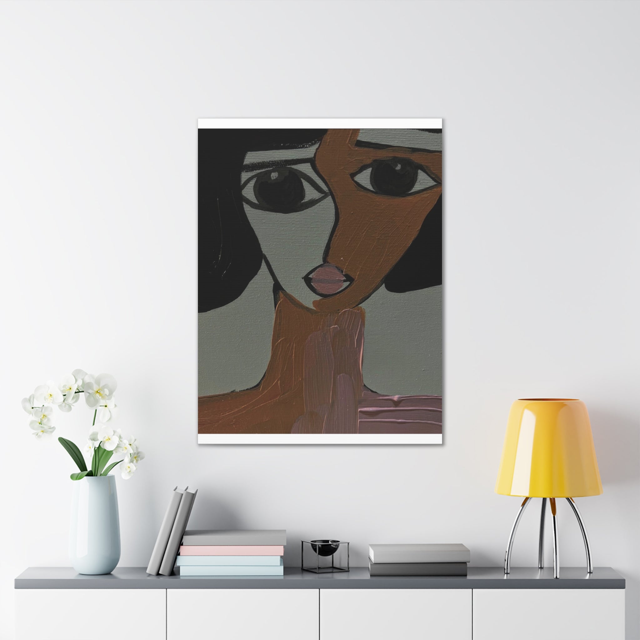 Toile tendue abstraite bicolore représentant un visage | Art mural figuratif moderne