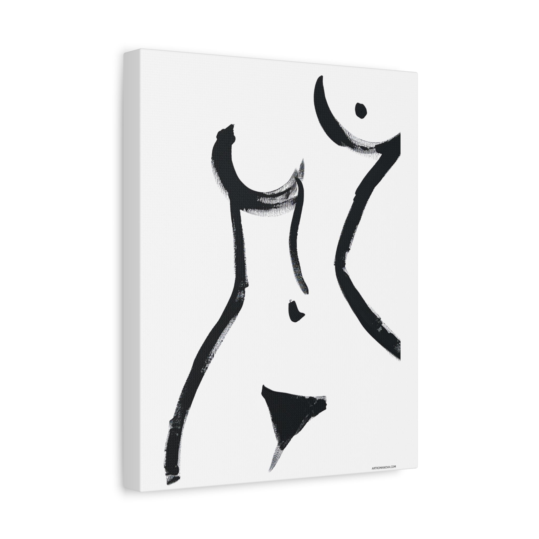 Toile minimaliste à coups de pinceau noirs représentant une figure féminine