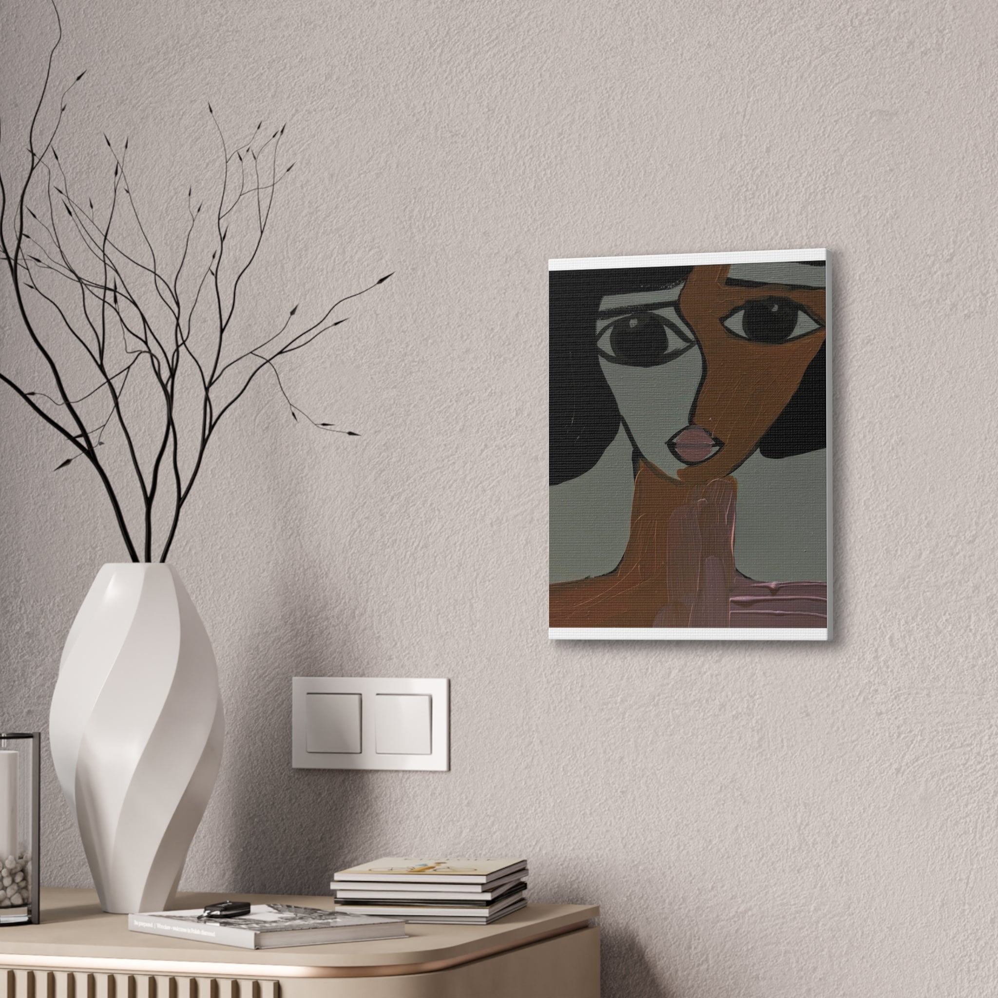 Toile tendue abstraite bicolore représentant un visage | Art mural figuratif moderne