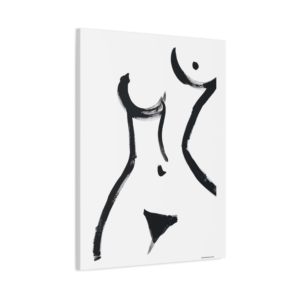 Toile minimaliste à coups de pinceau noirs représentant une figure féminine