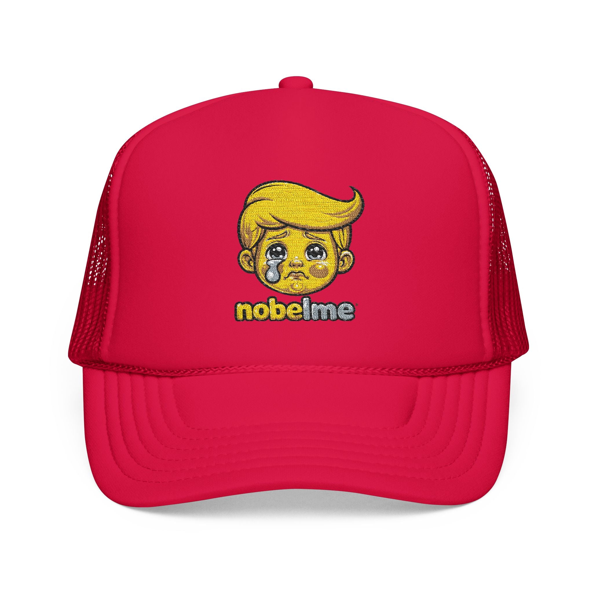 Casquette trucker satirique pop art, personnage de dessin animé, visage de blonde en pleurs | Casquette trucker en mousse brodée