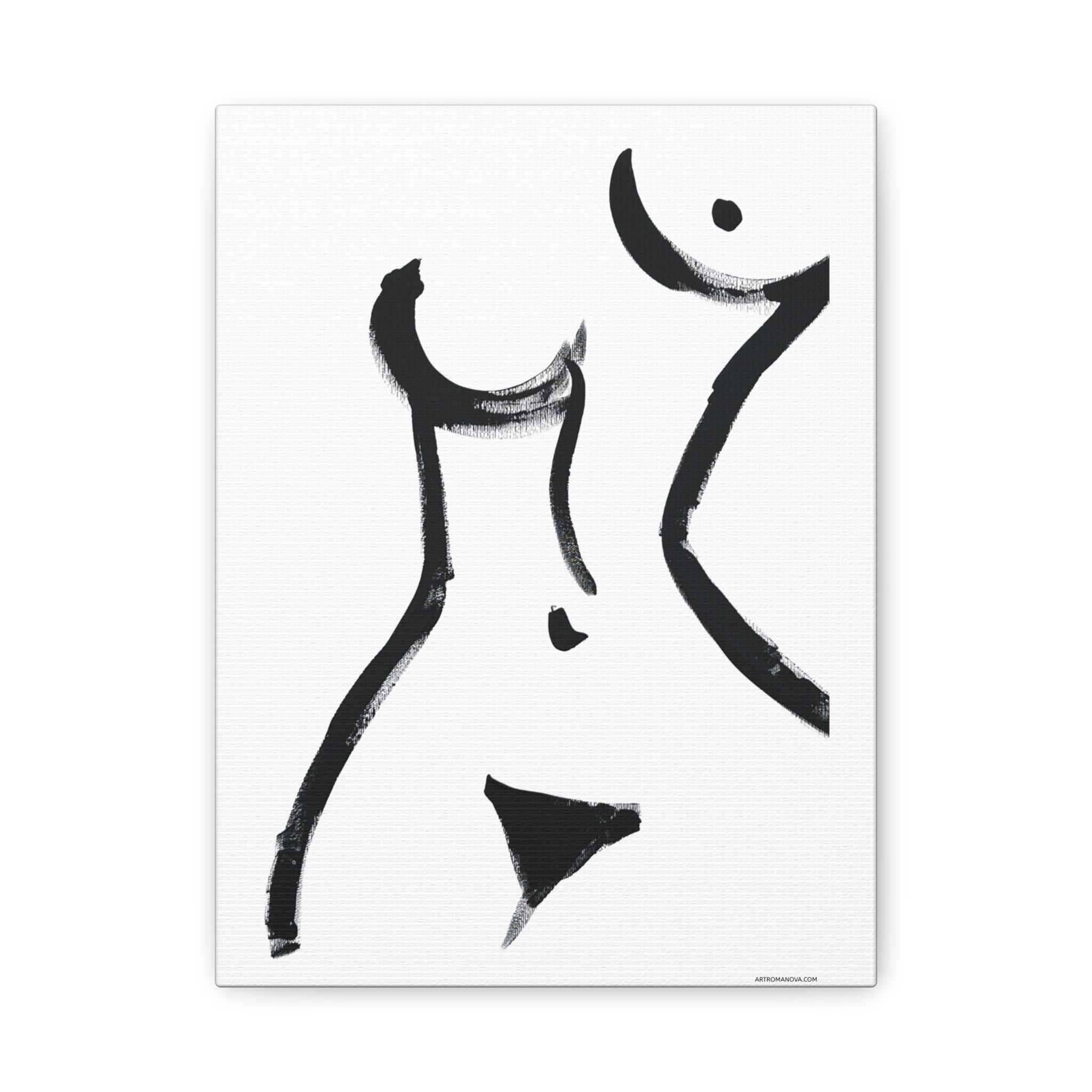 Toile minimaliste à coups de pinceau noirs représentant une figure féminine