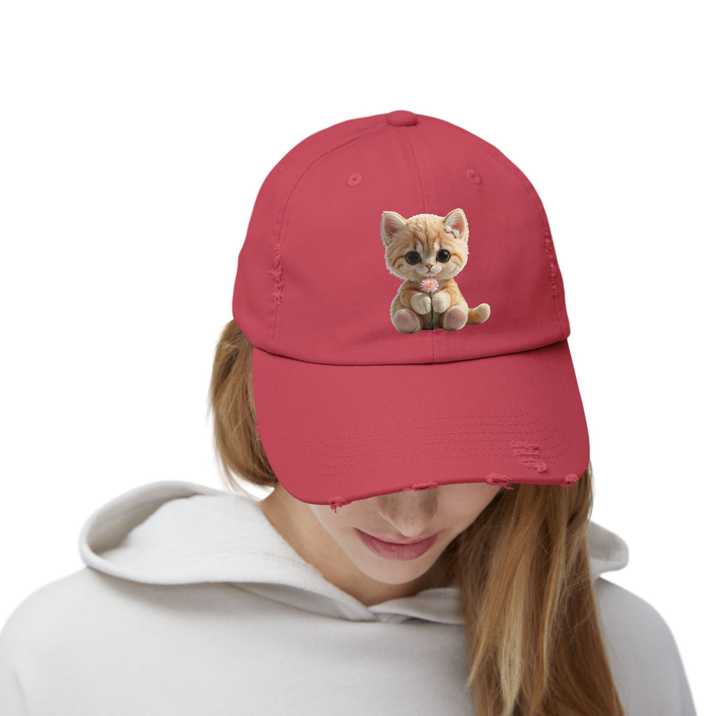 Cute Cap | Distressed Baseball Hat with kitty cat
