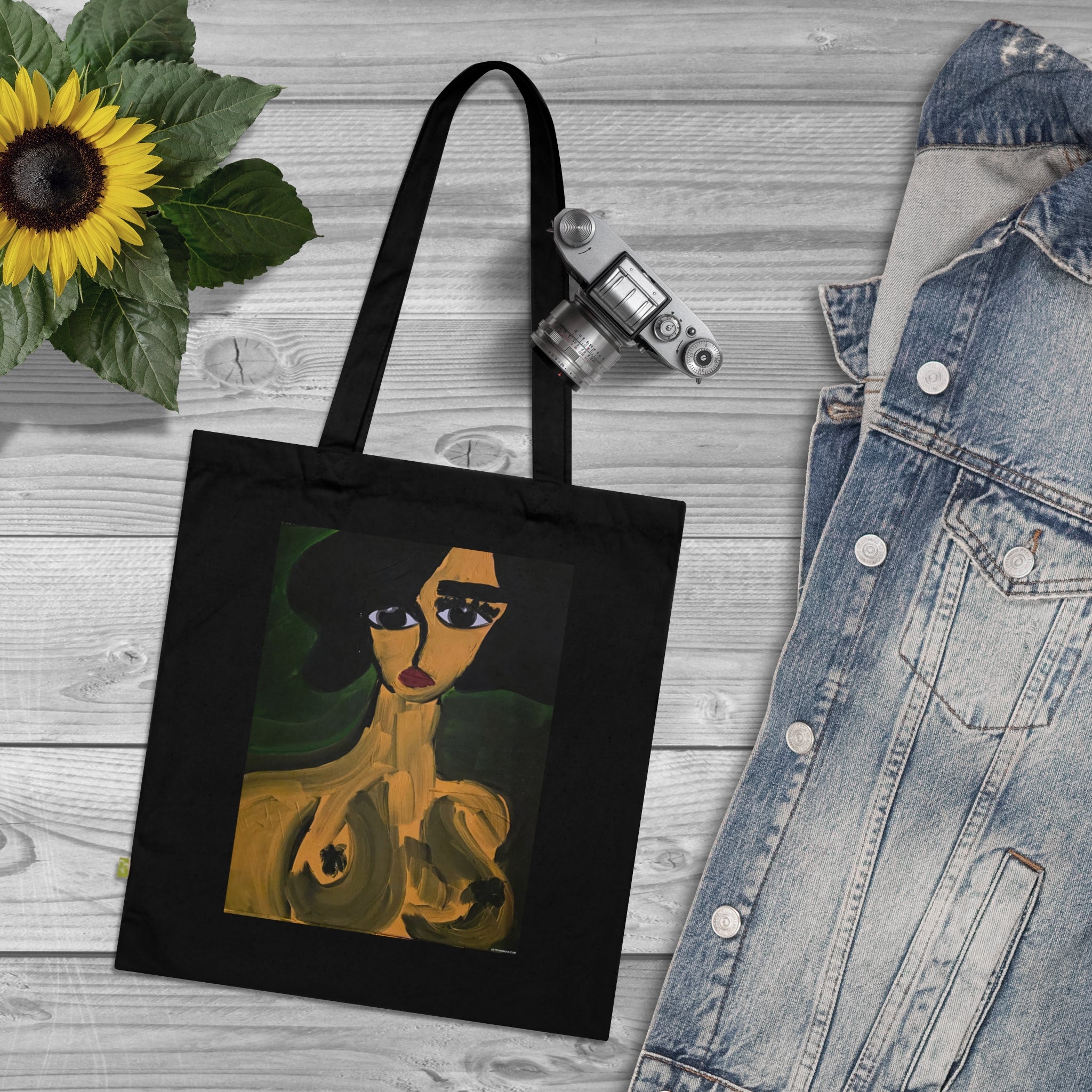 Sac fourre-tout Portrait abstrait | Art expressionniste féminin, coton écologique, toile faite main, peinture de femme nue