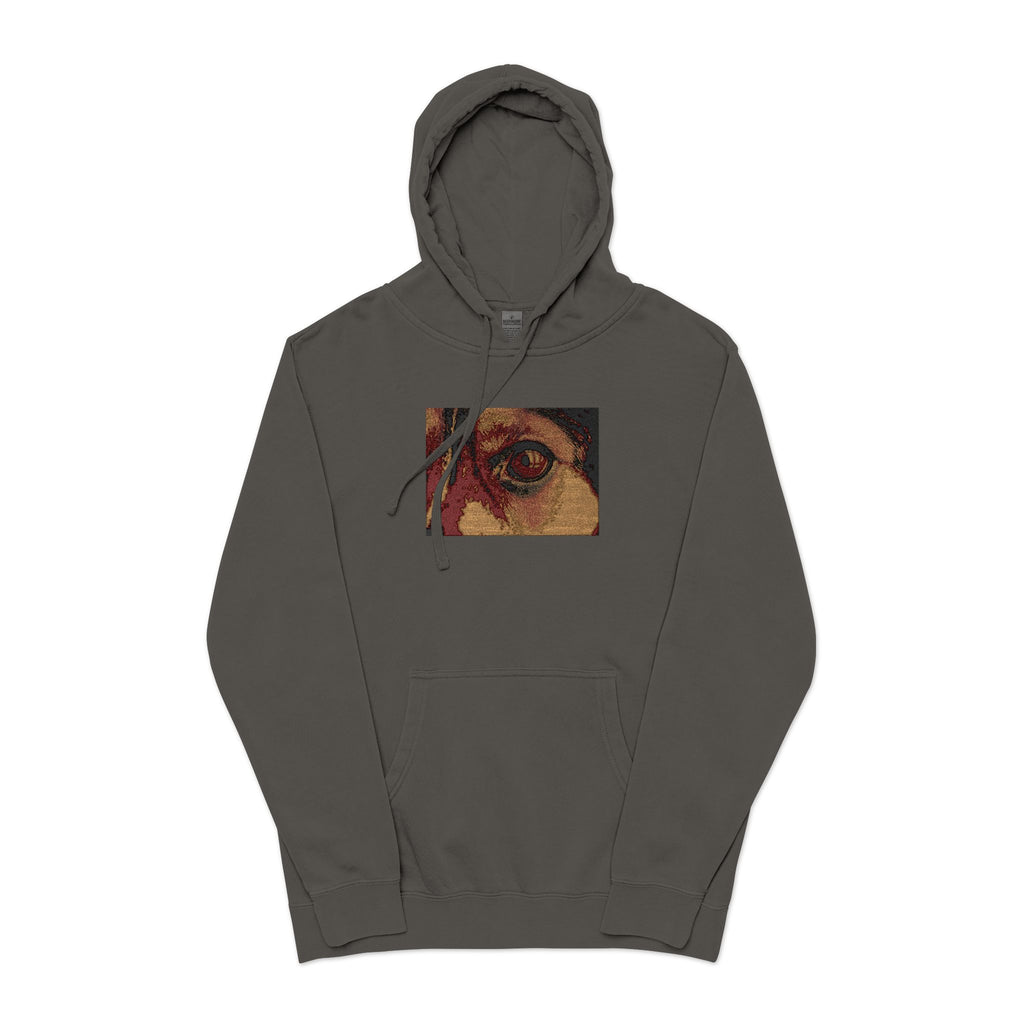 Sweat à capuche à motif œil mosaïque doré | Sweat-shirt teint avec pigments et imprimé œil abstrait