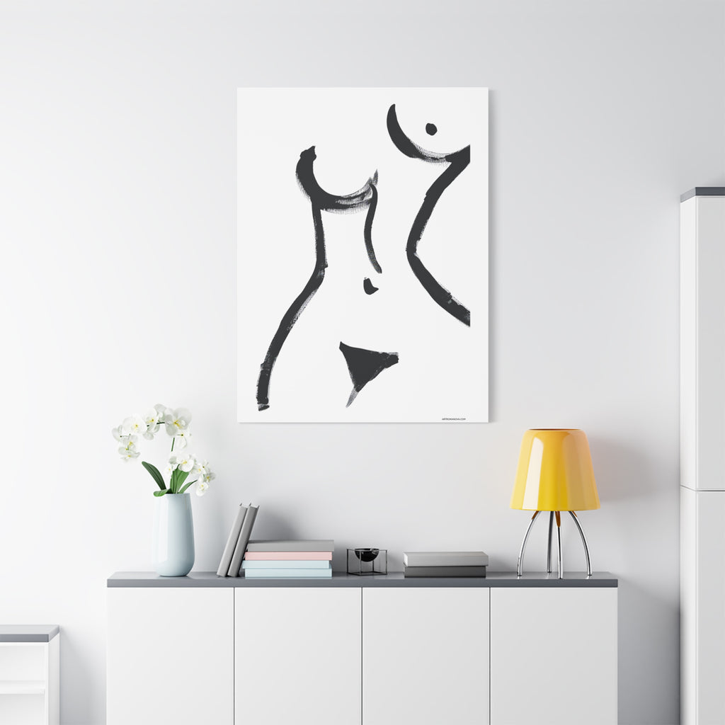 Toile minimaliste à coups de pinceau noirs représentant une figure féminine