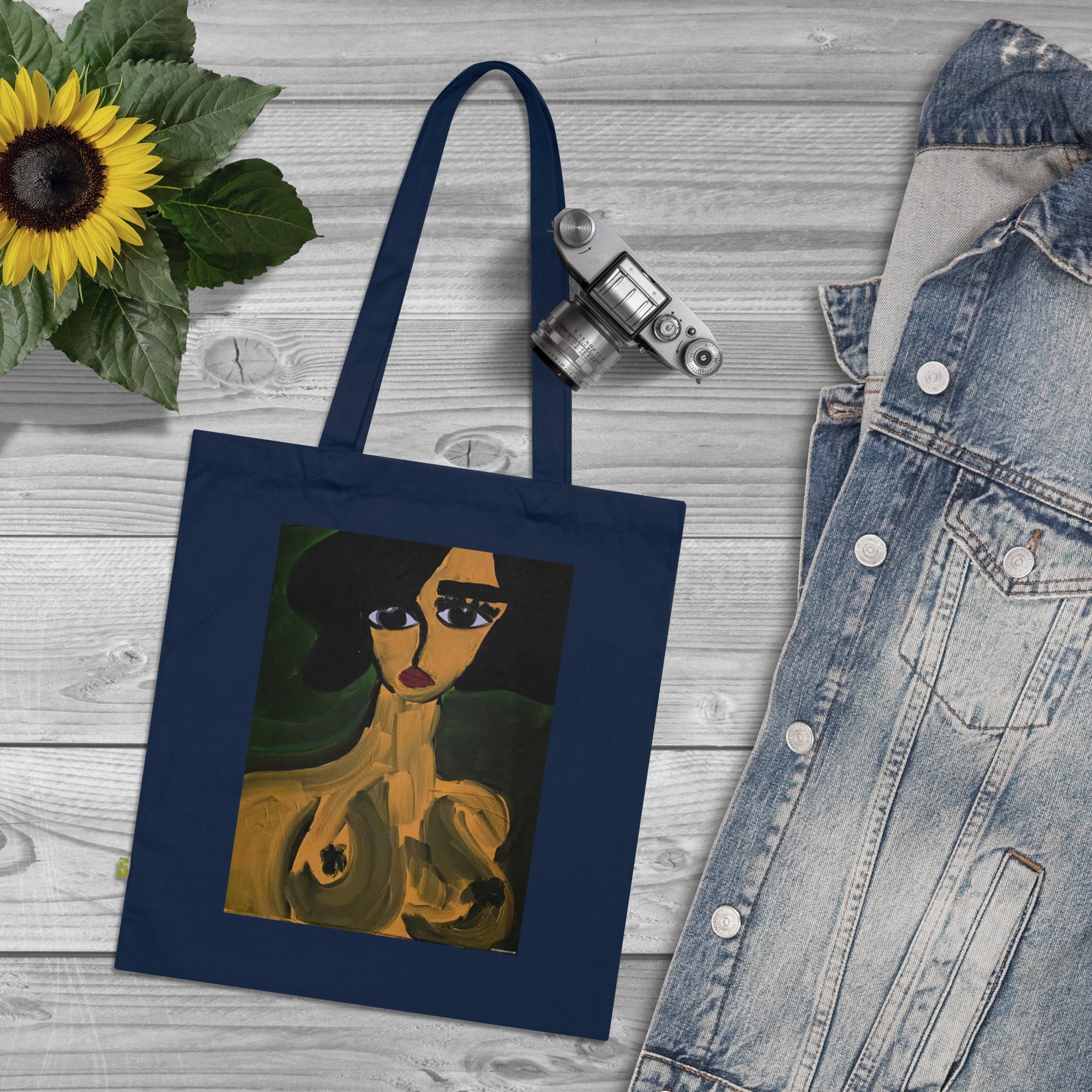 Sac fourre-tout Portrait abstrait | Art expressionniste féminin, coton écologique, toile faite main, peinture de femme nue
