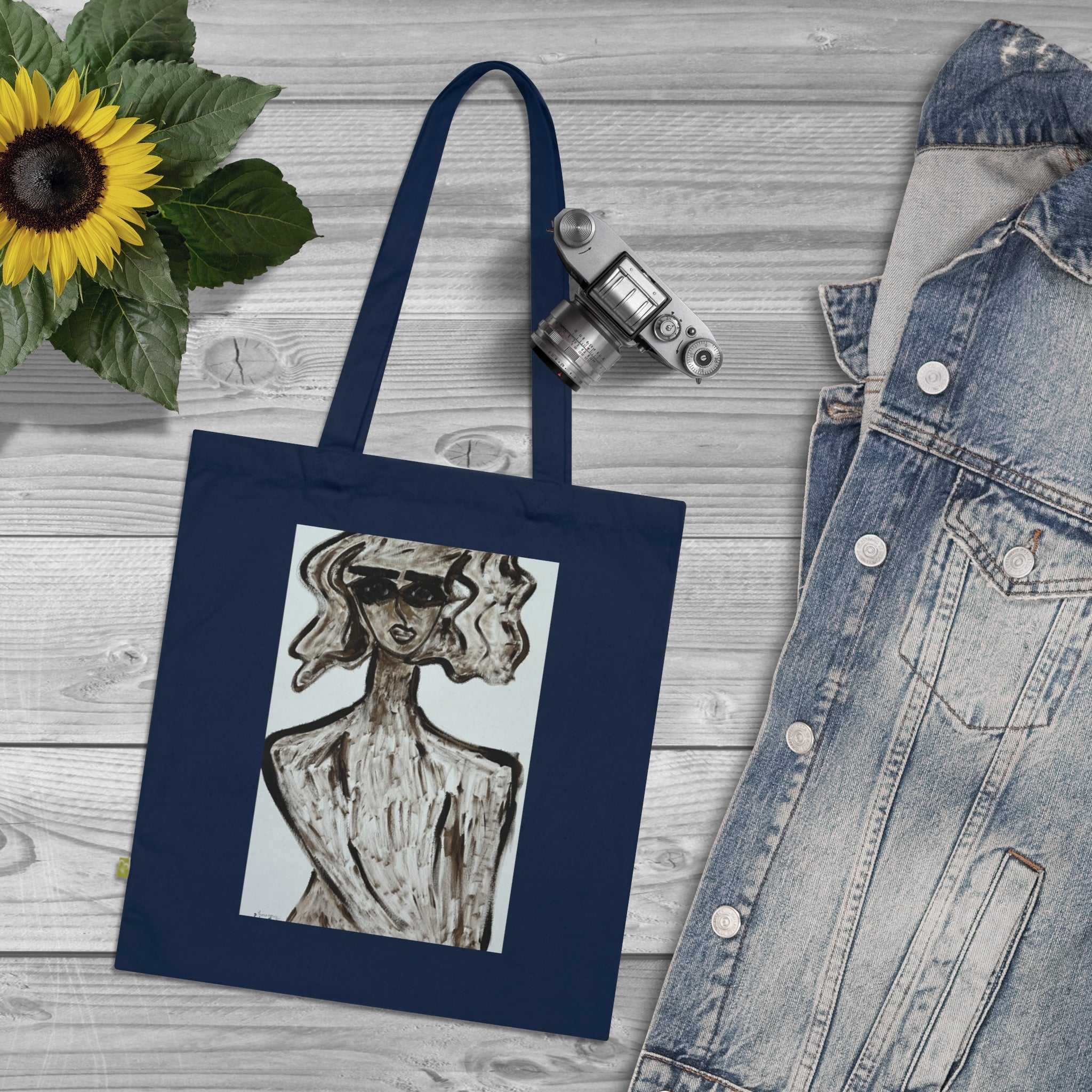 Sac cabas stylisé | Bleu marine, coton biologique, coton écologique, fait main, sac cabas artistique
