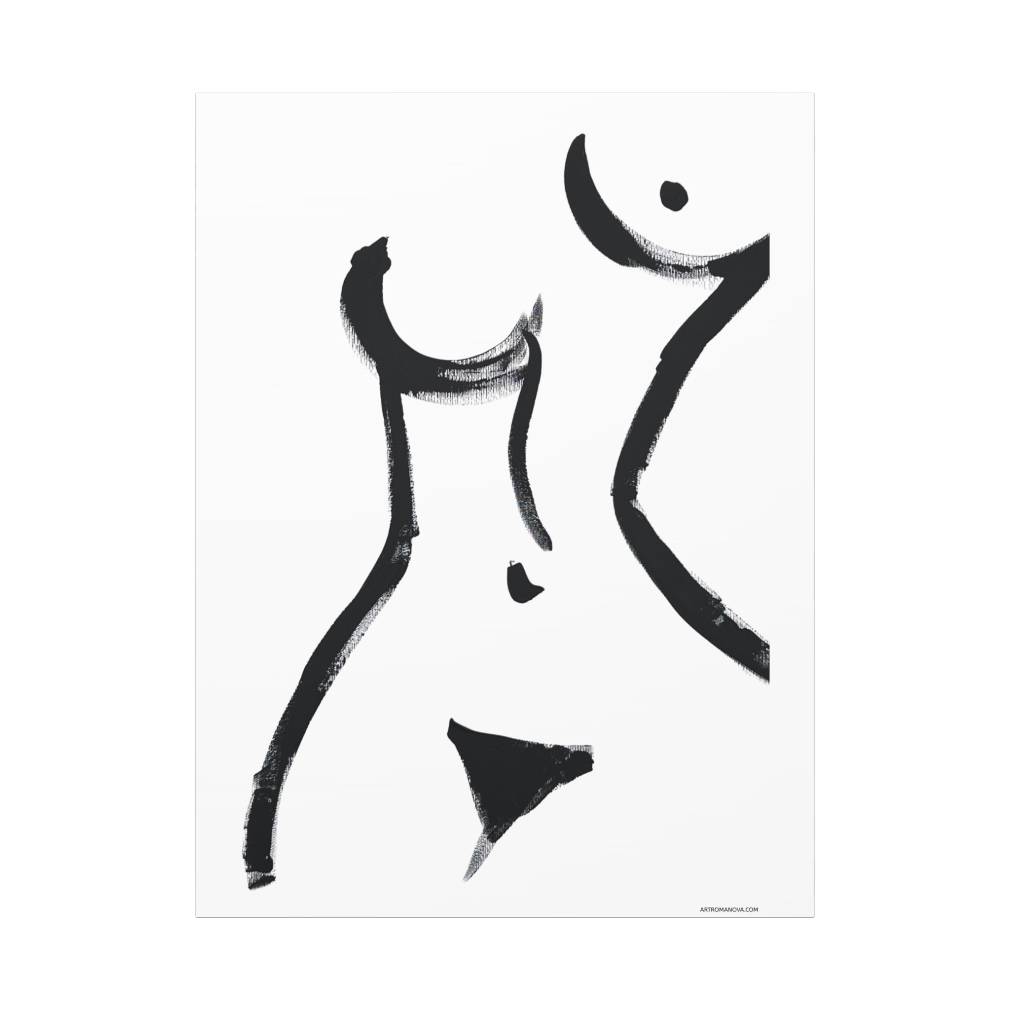 Toile minimaliste à coups de pinceau noirs représentant une figure féminine