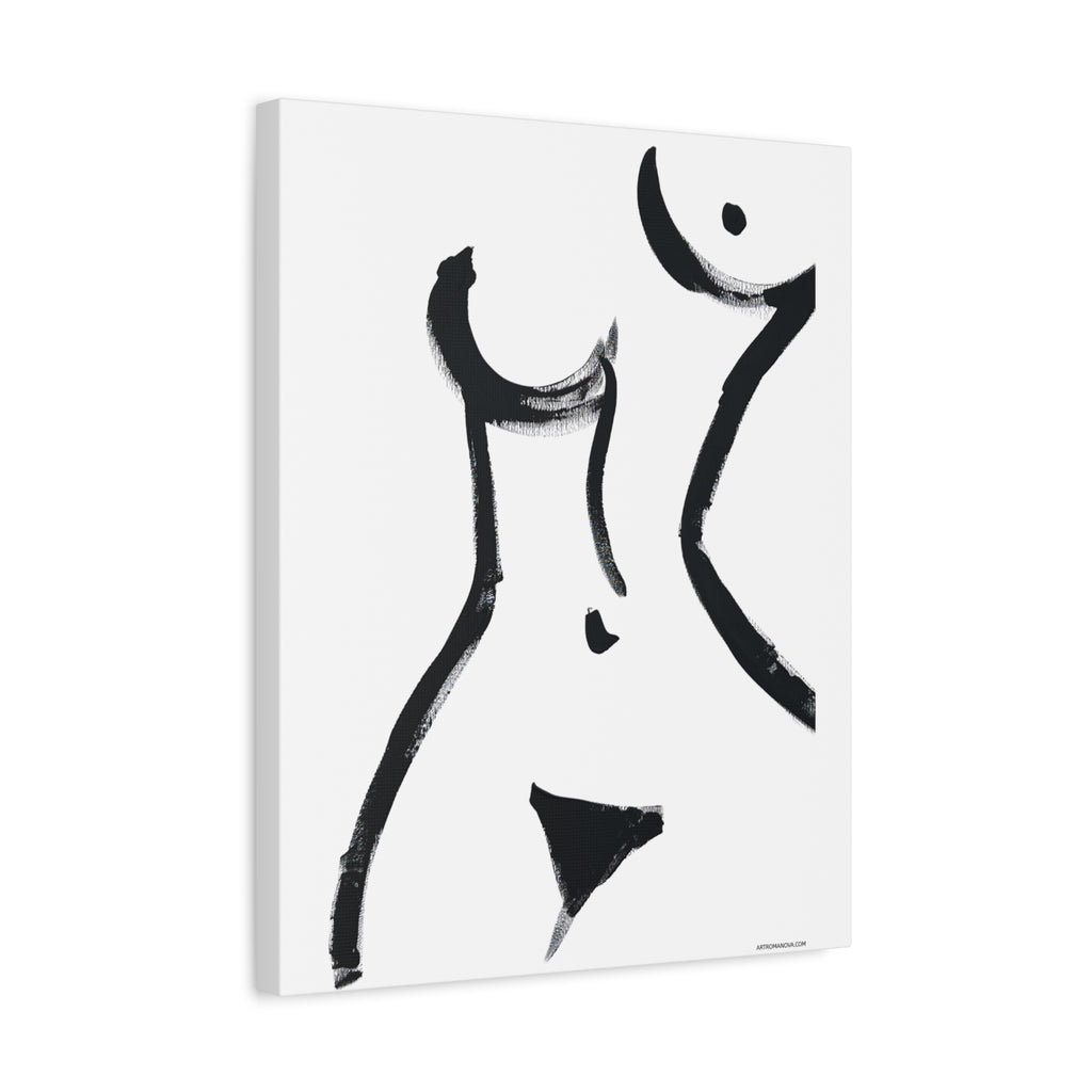 Toile minimaliste à coups de pinceau noirs représentant une figure féminine