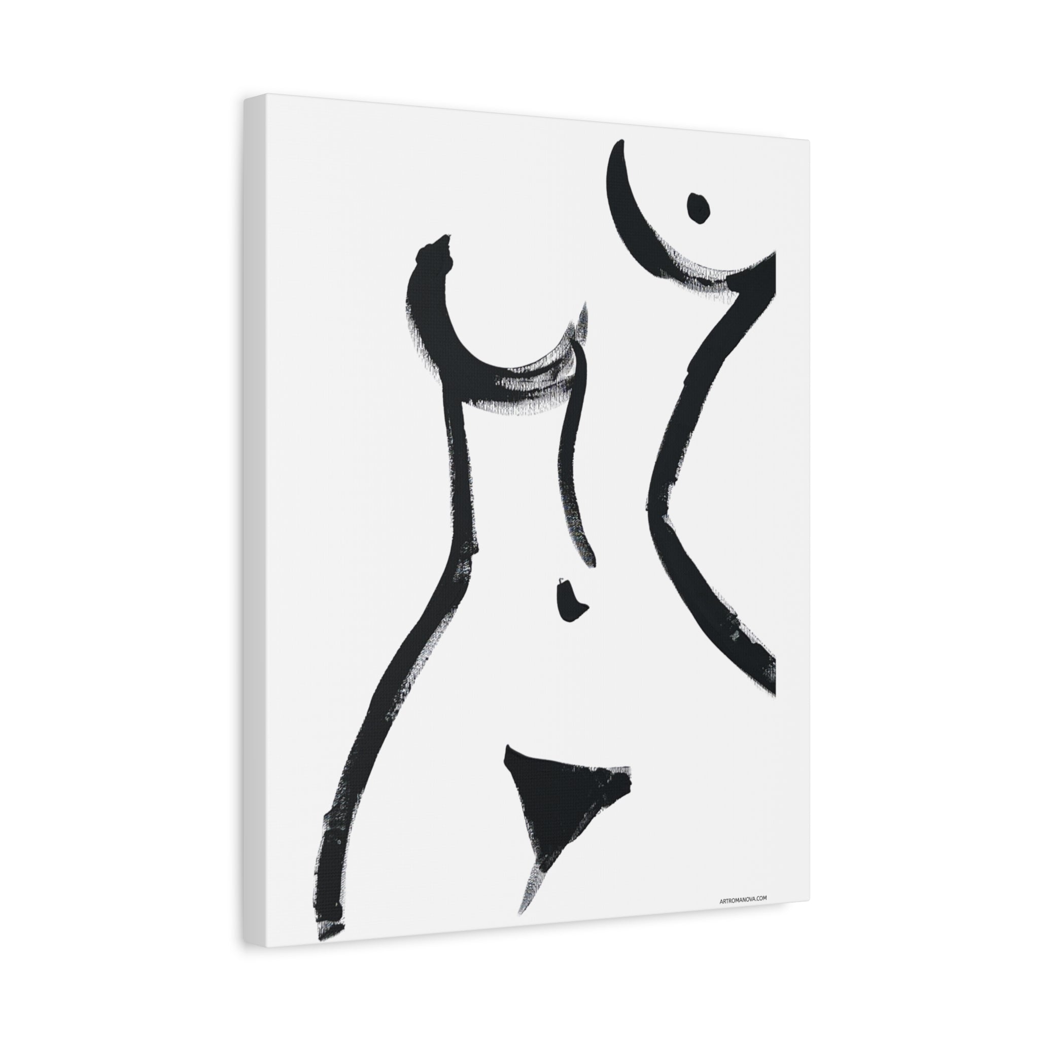 Toile minimaliste à coups de pinceau noirs représentant une figure féminine