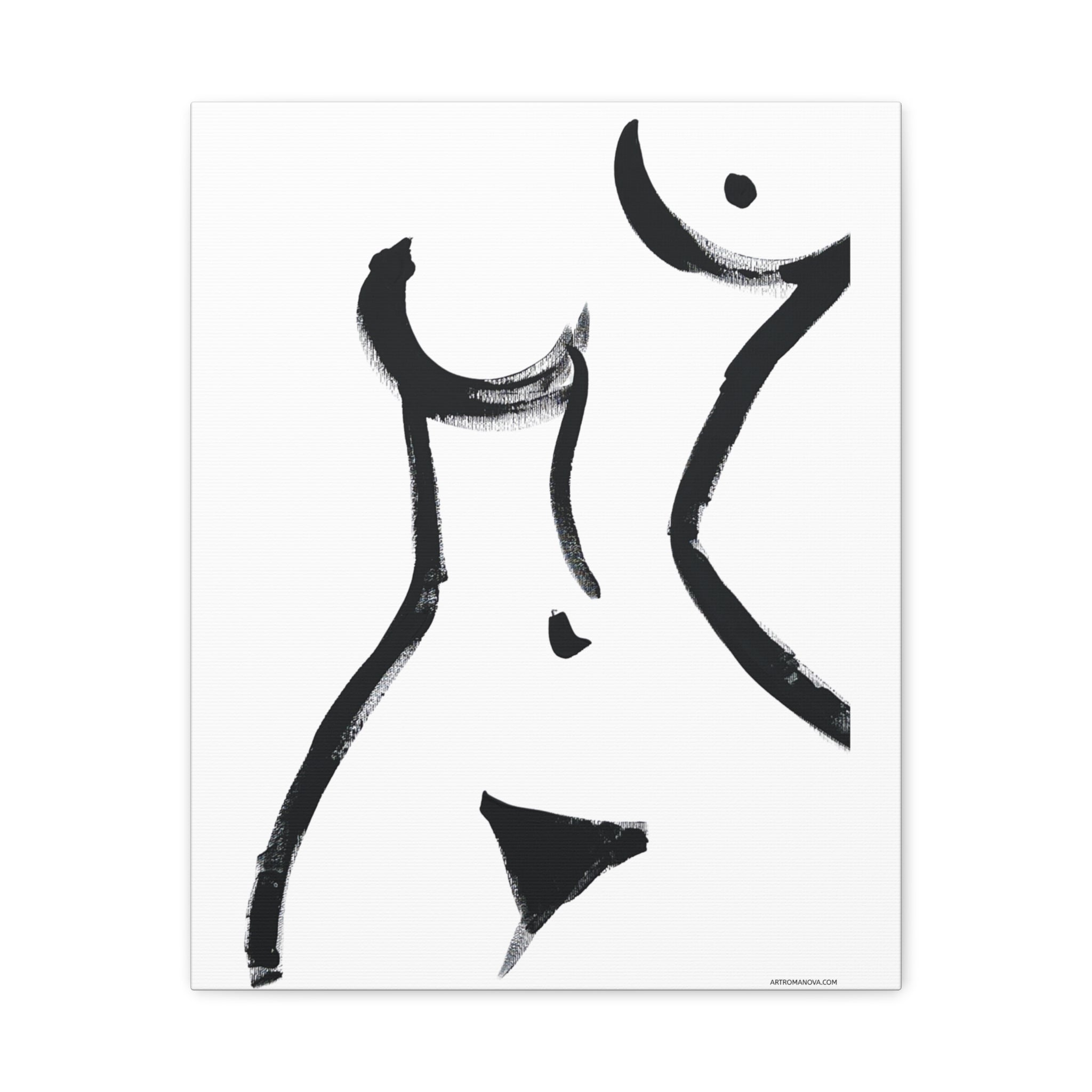 Toile minimaliste à coups de pinceau noirs représentant une figure féminine