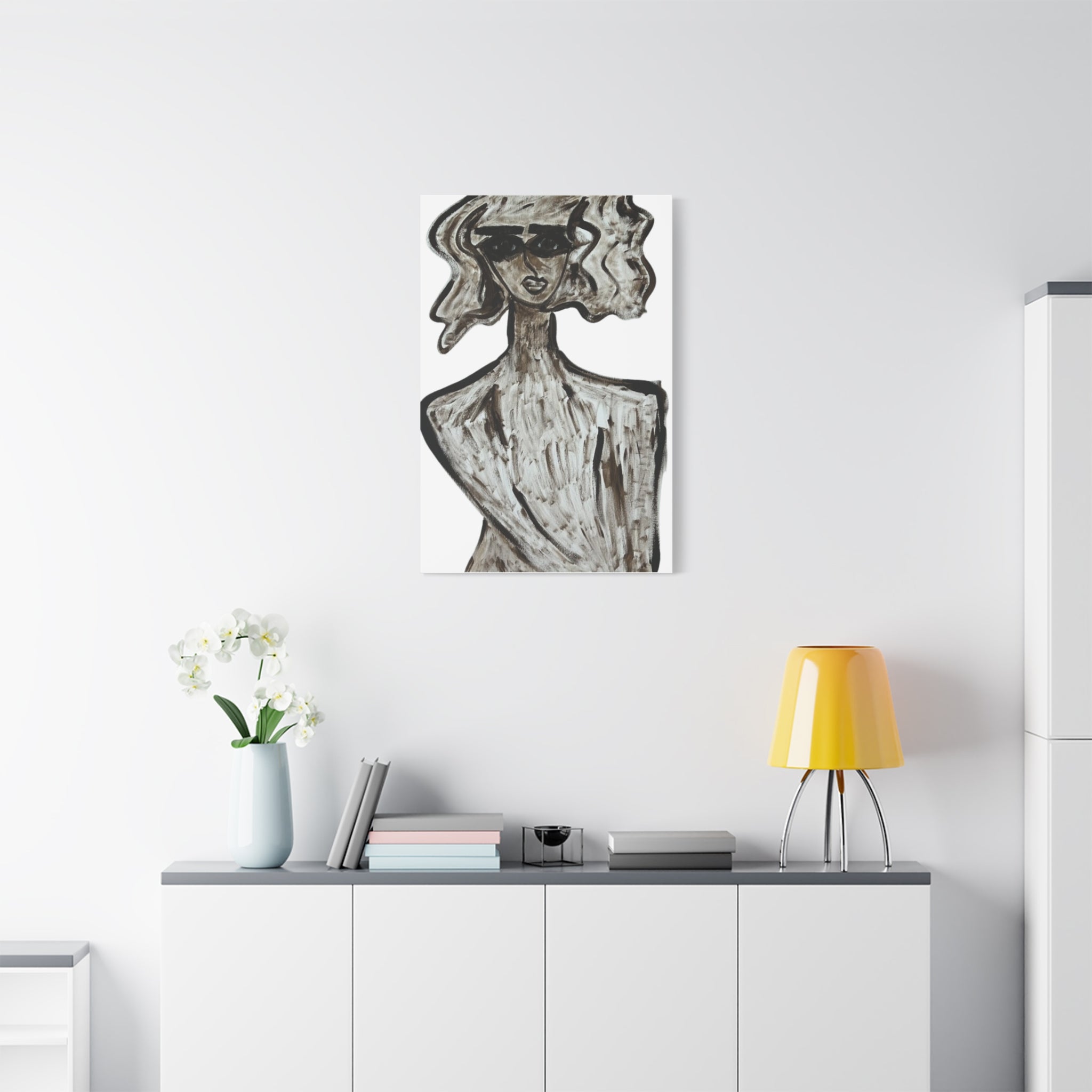 Portrait stylisé de femme sur toile, art contemporain, art moderne