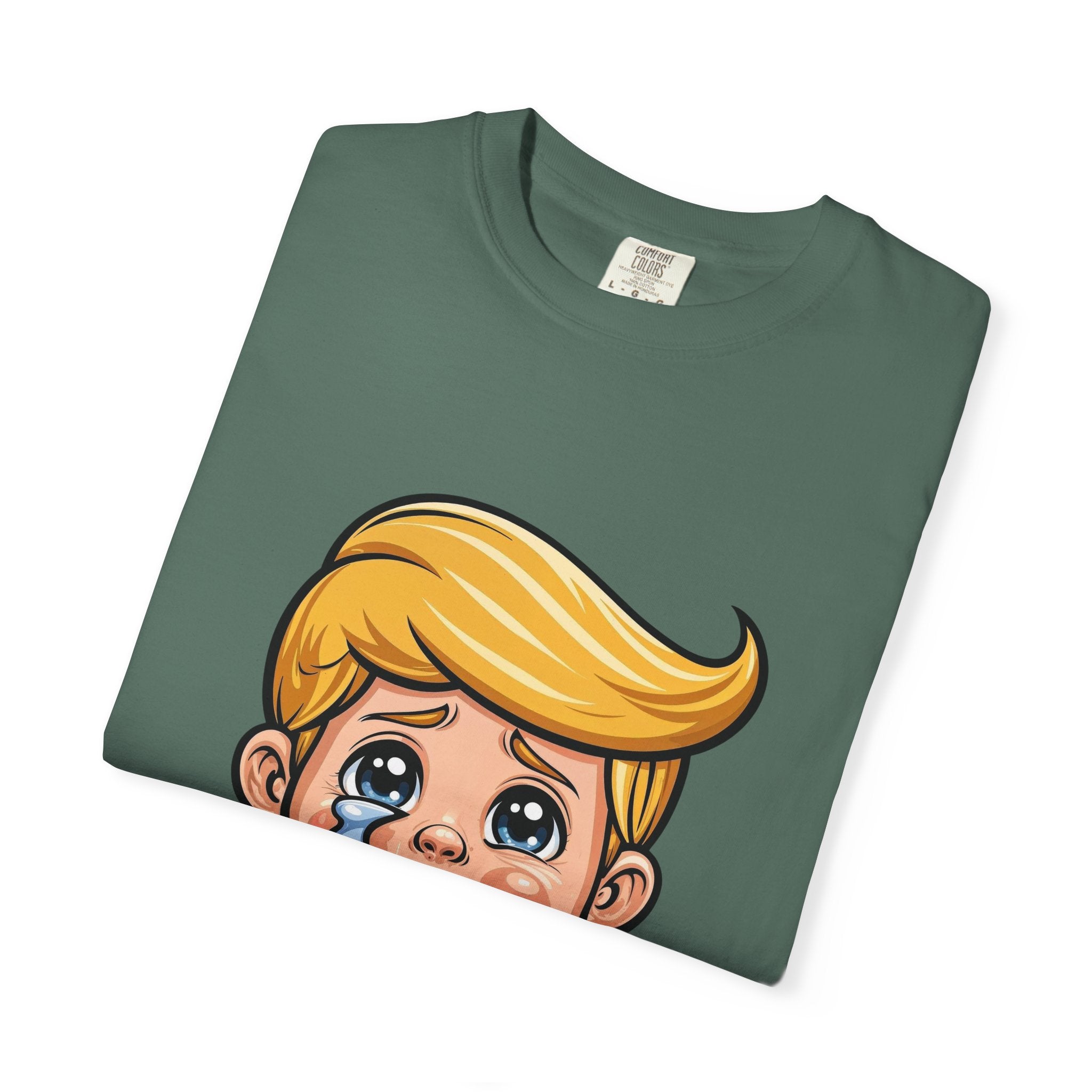 T-shirt Cartoon Leader, art pop politique satirique, imprimé humoristique : un garçon blond qui pleure (dessin animé) | T-shirt mignon avec un visage triste
