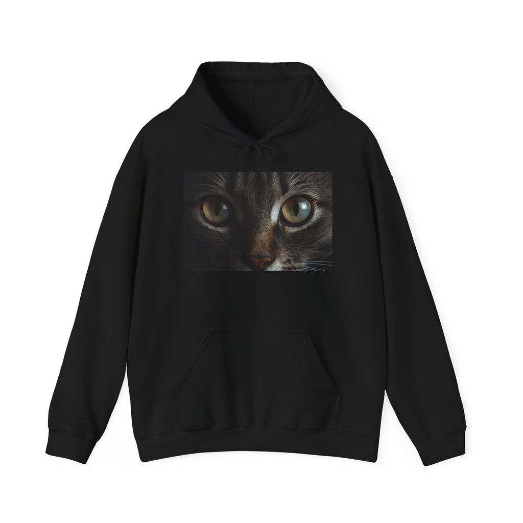 Sweat à capuche avec gros plan sur un visage de chat | Yeux de chat tigré réalistes, portrait foncé